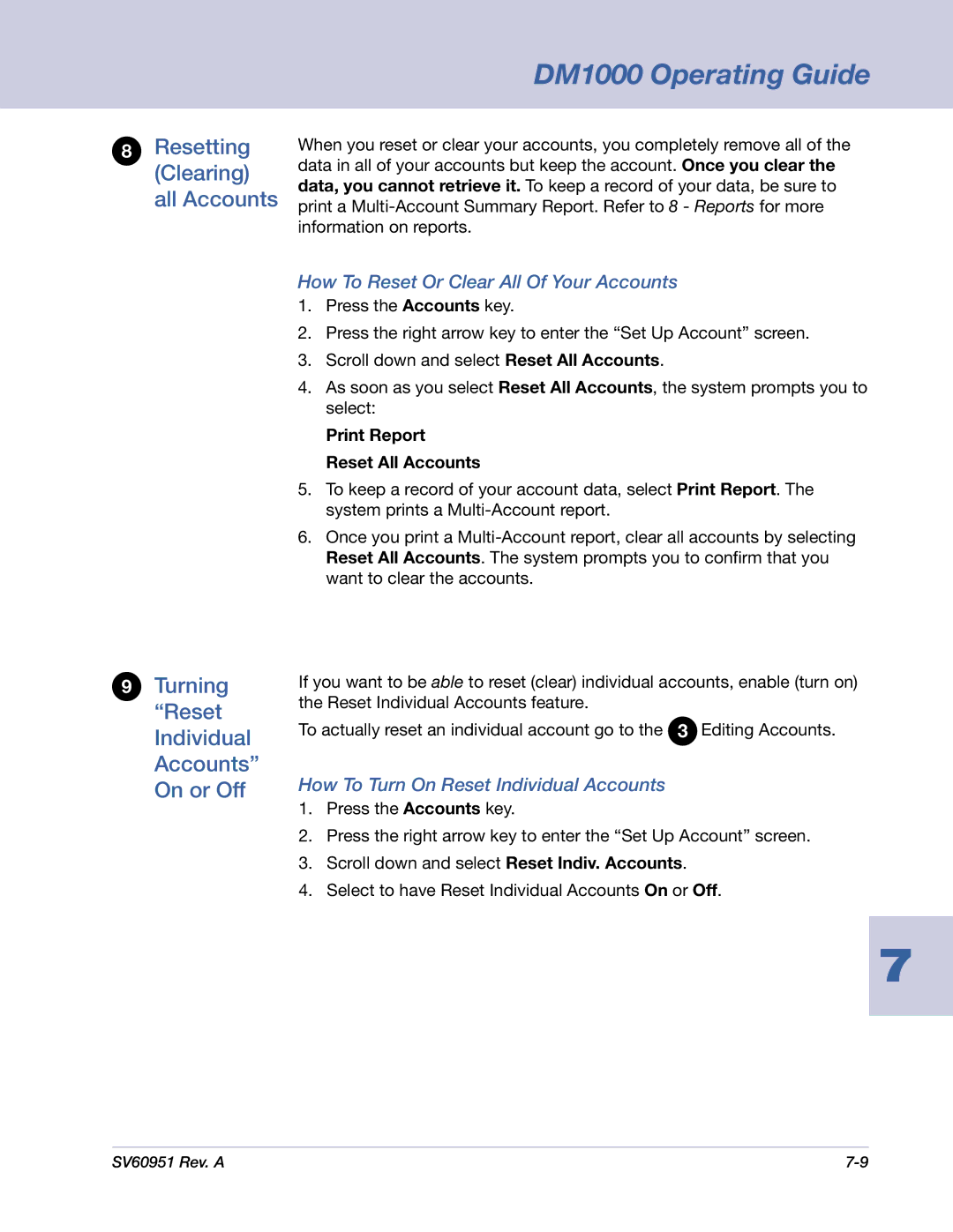 Pitney Bowes DM1000 manual How To Reset Or Clear All Of Your Accounts, How To Turn On Reset Individual Accounts 