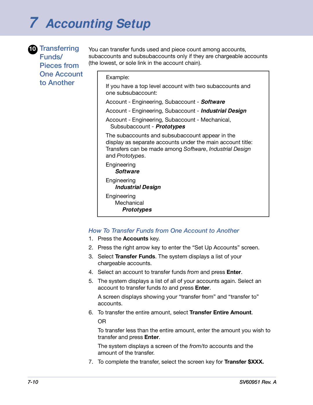 Pitney Bowes DM1000 manual Transferring Funds/ Pieces from One Account to Another 