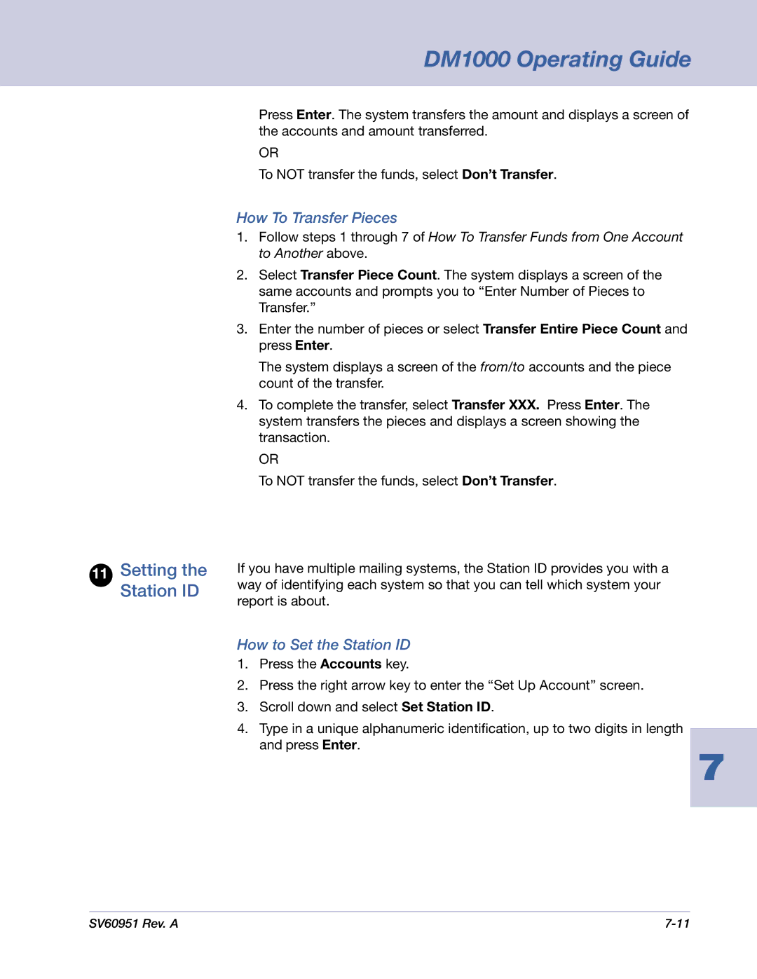 Pitney Bowes DM1000 manual Setting the Station ID, How To Transfer Pieces, How to Set the Station ID 