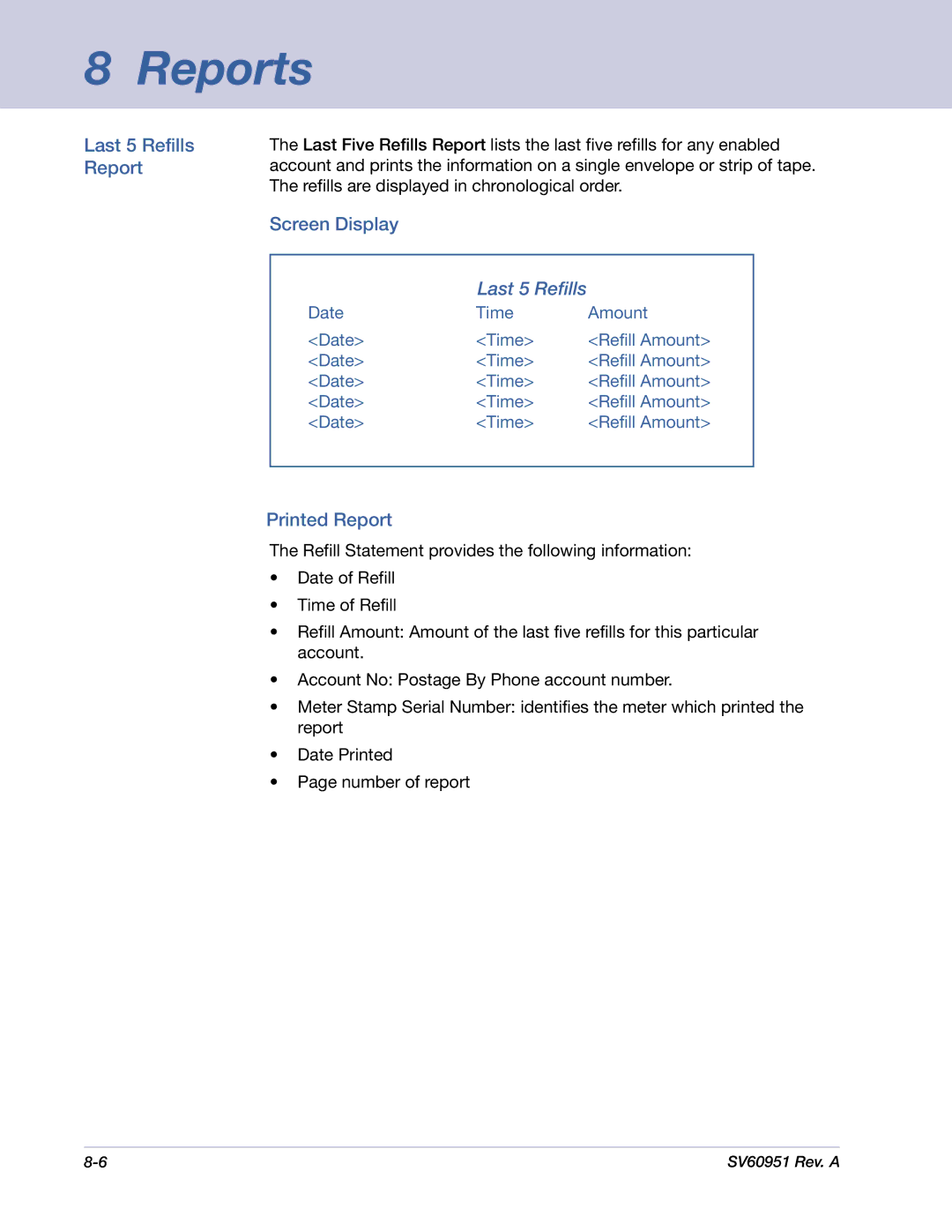 Pitney Bowes DM1000 manual Last 5 Refills Report 