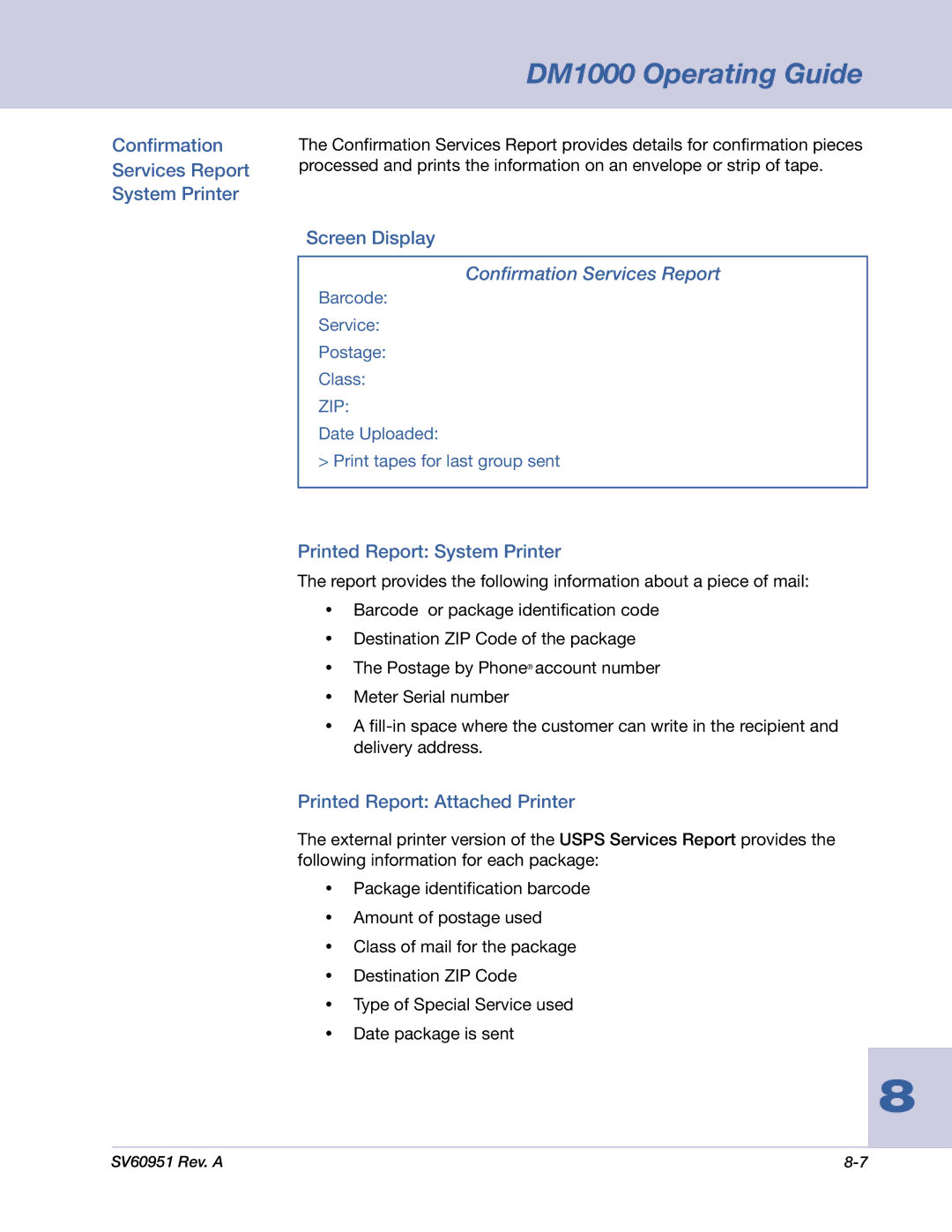 Pitney Bowes DM1000 manual Confirmation Services Report System Printer, Printed Report System Printer 