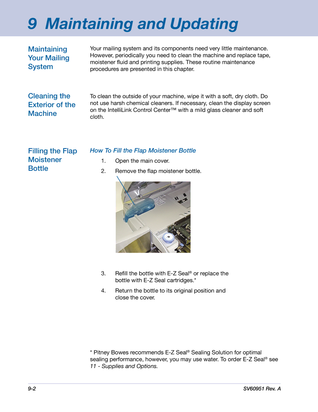 Pitney Bowes DM1000 manual Maintaining and Updating, How To Fill the Flap Moistener Bottle 