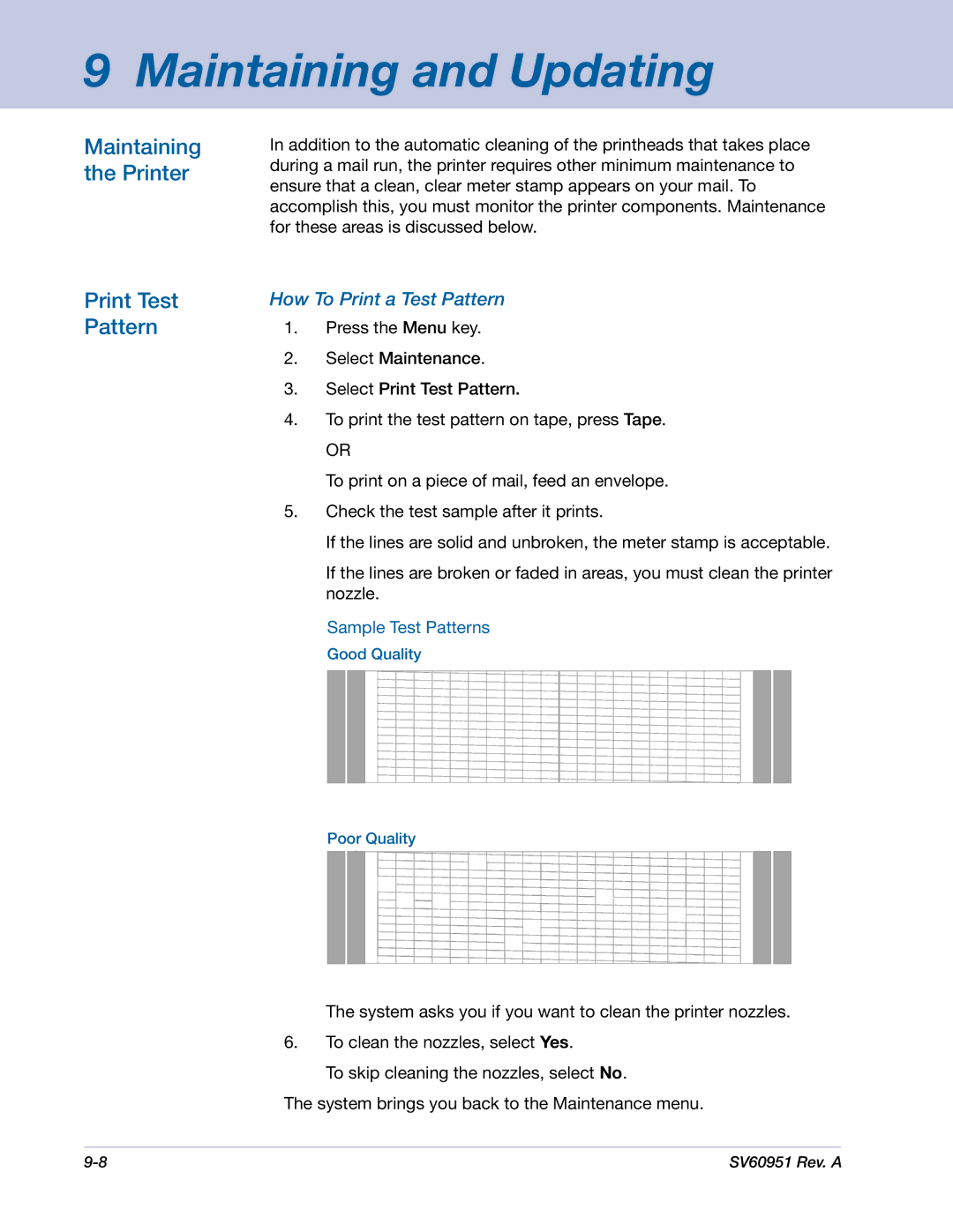 Pitney Bowes DM1000 manual Maintaining the Printer Print Test Pattern, How To Print a Test Pattern 