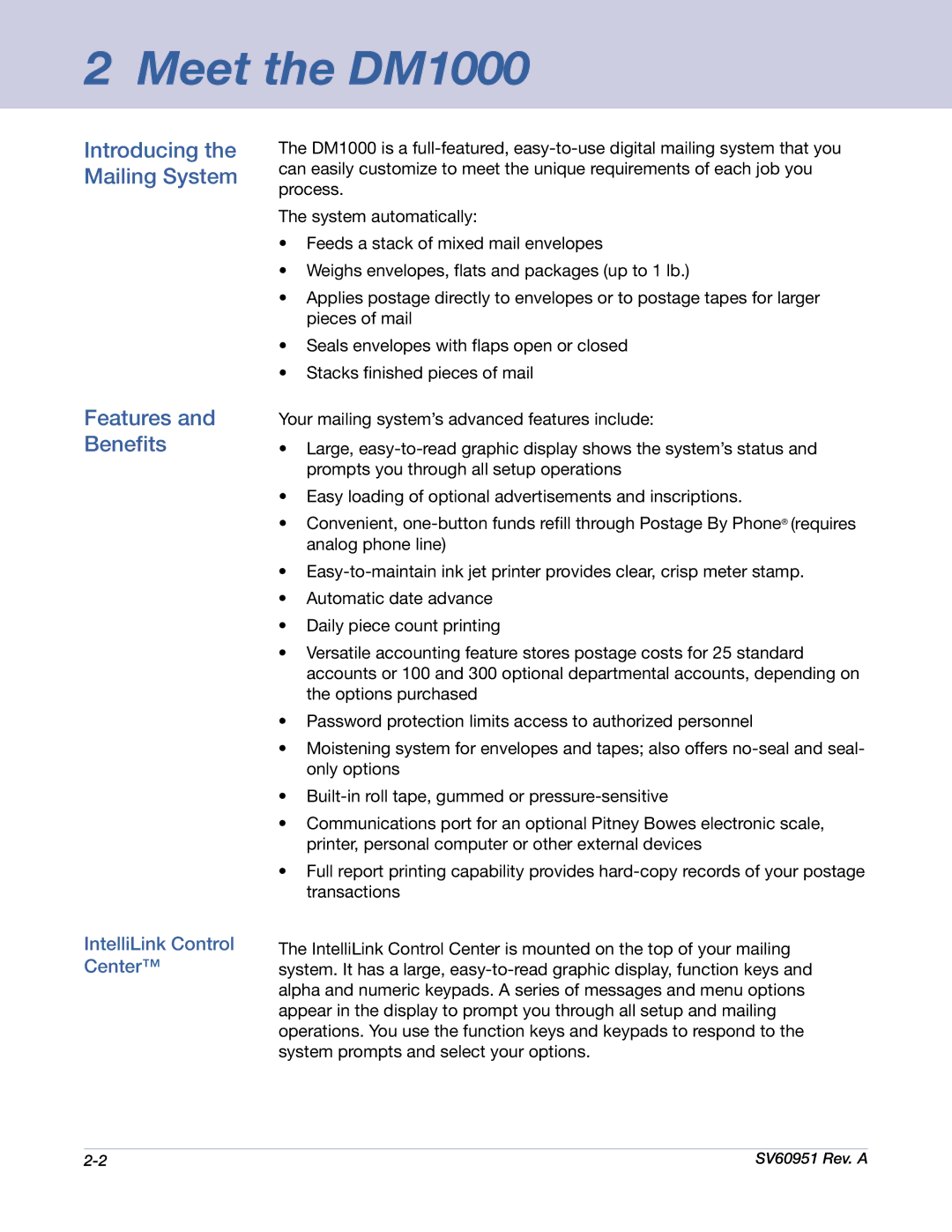 Pitney Bowes DM1000 manual Introducing the Mailing System Features and Benefits, IntelliLink Control Center 