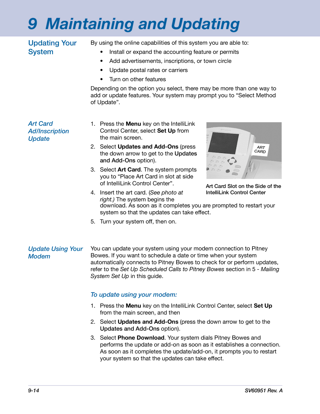 Pitney Bowes DM1000 manual Updating Your System, Art Card Ad/Inscription Update Update Using Your Modem 