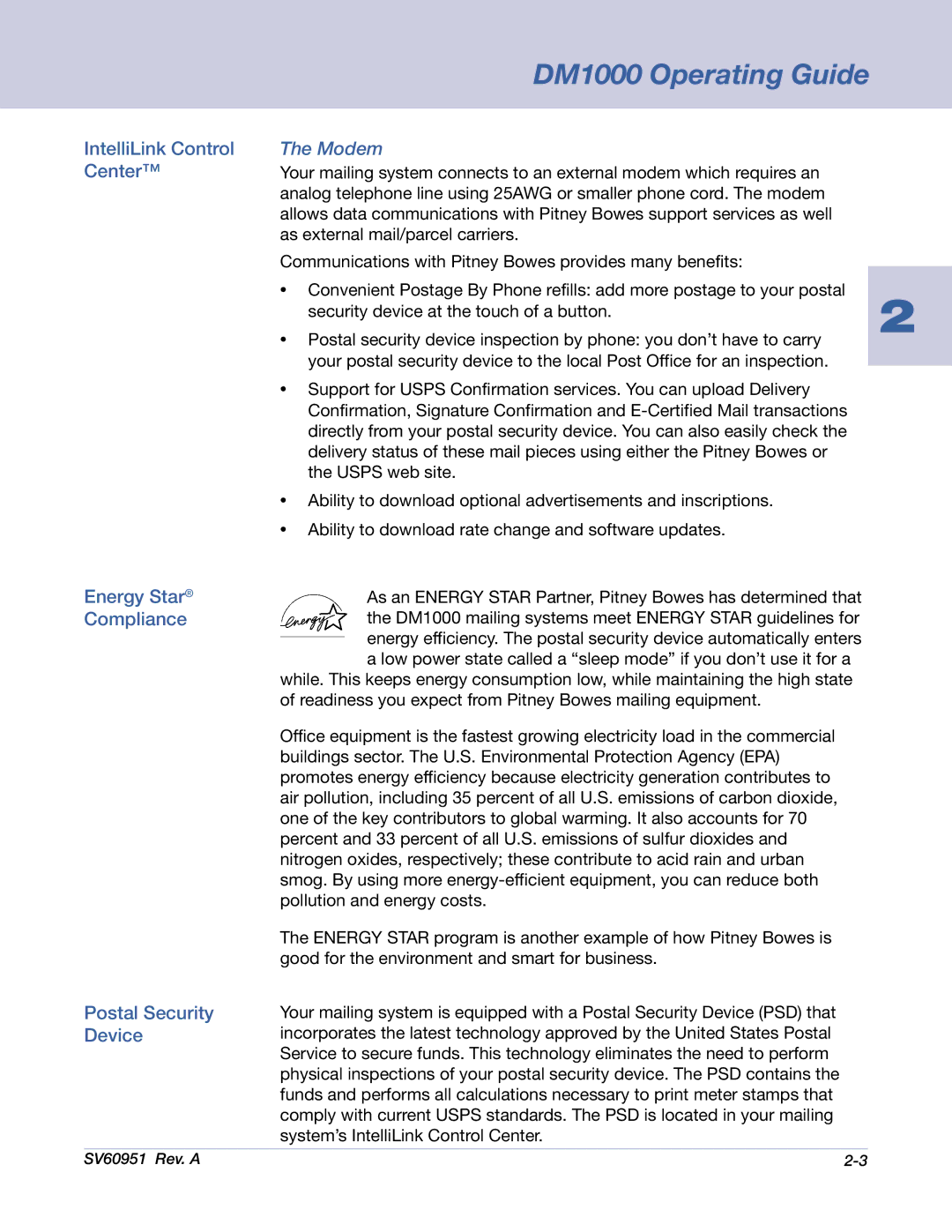 Pitney Bowes DM1000 manual IntelliLink Control, Modem, Center, Energy Star Compliance Postal Security Device 