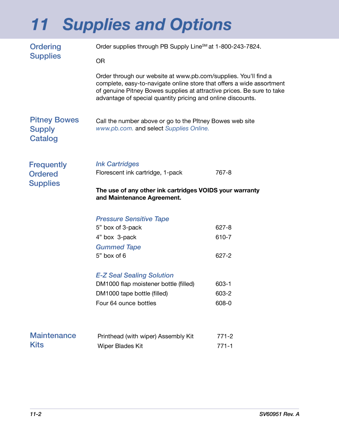 Pitney Bowes DM1000 manual Maintenance Kits, Ink Cartridges, Pressure Sensitive Tape, Gummed Tape, Seal Sealing Solution 