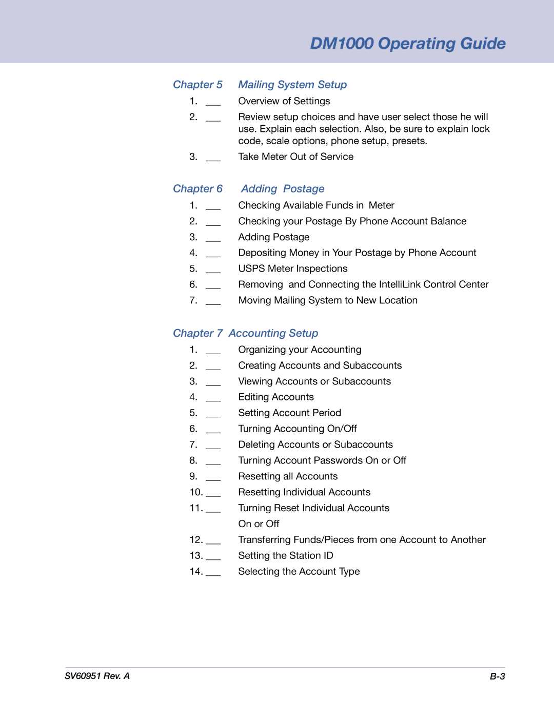 Pitney Bowes DM1000 manual Mailing System Setup, Chapter Adding Postage, Accounting Setup 