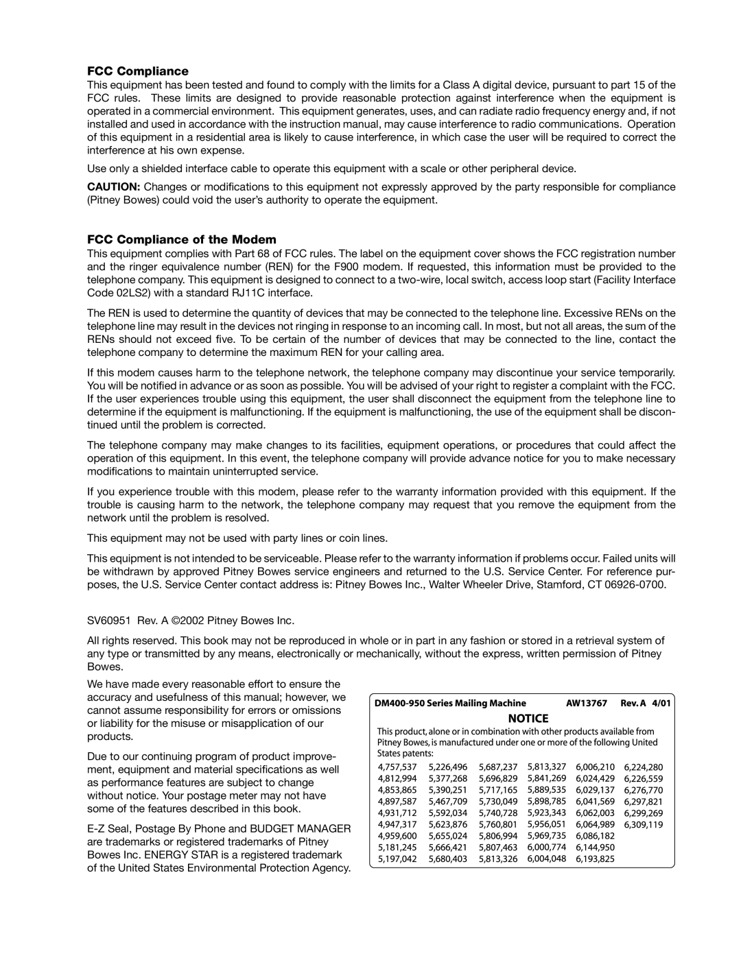 Pitney Bowes DM1000 manual FCC Compliance 