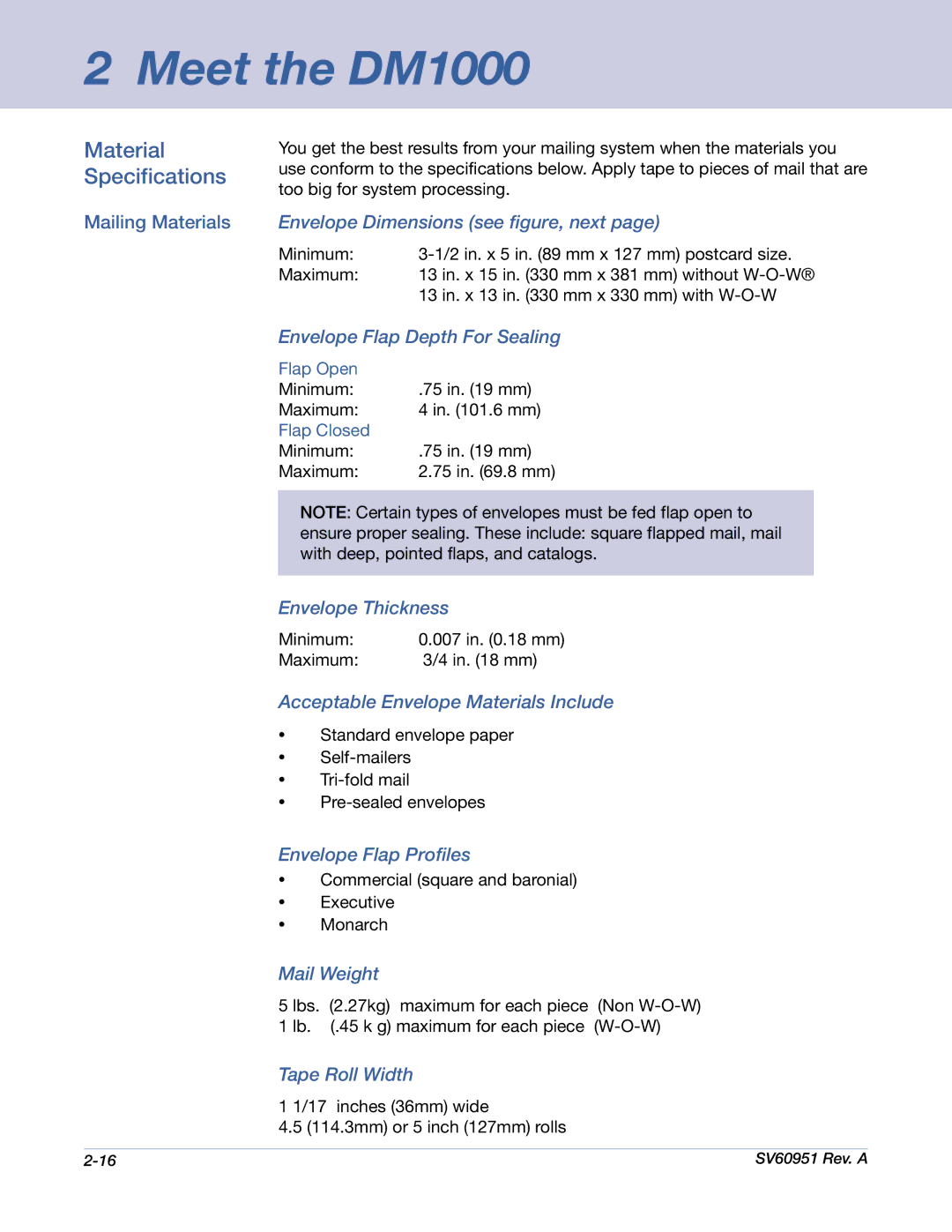 Pitney Bowes DM1000 manual Material Specifications 