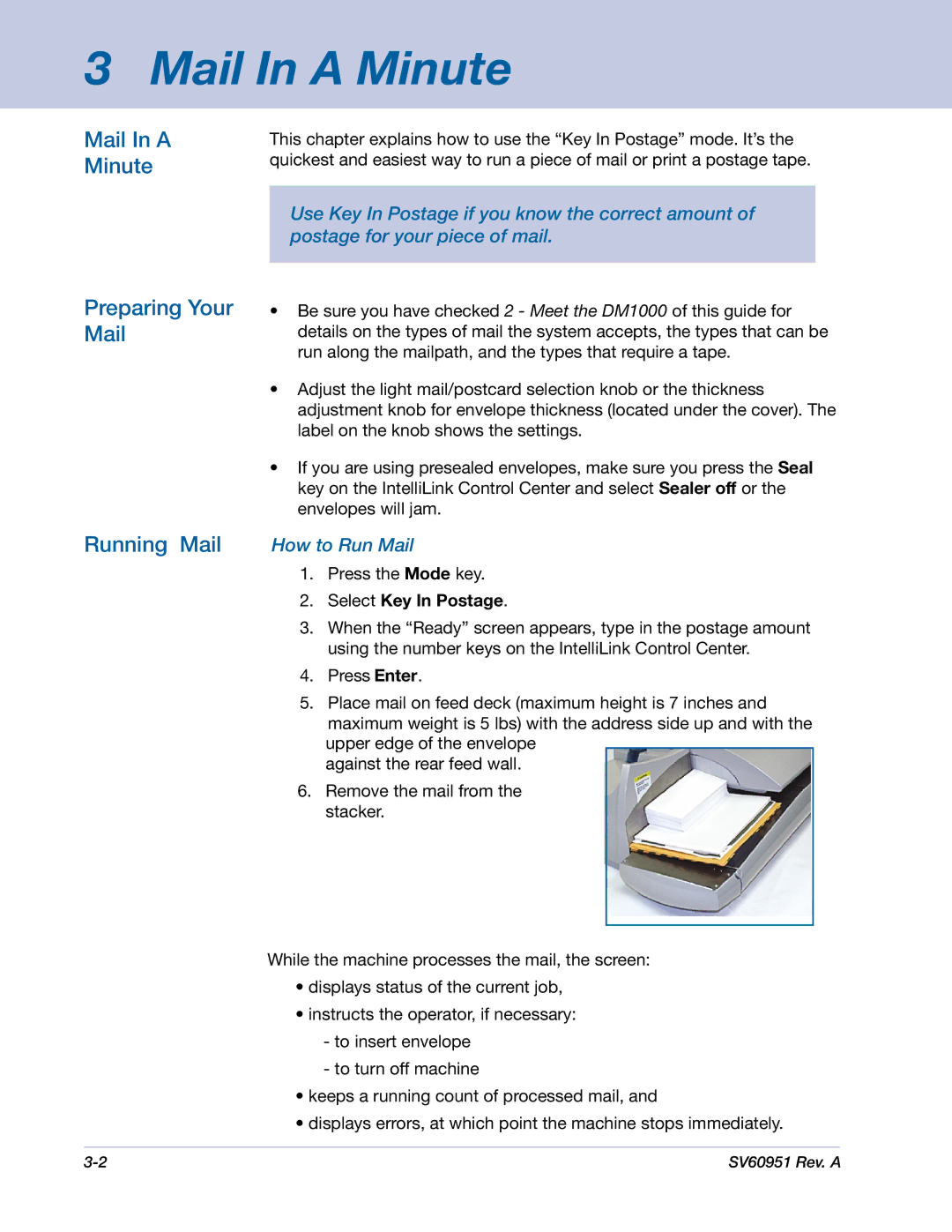 Pitney Bowes DM1000 manual Mail In a Minute, Preparing Your Mail, Running Mail, How to Run Mail, Select Key In Postage 