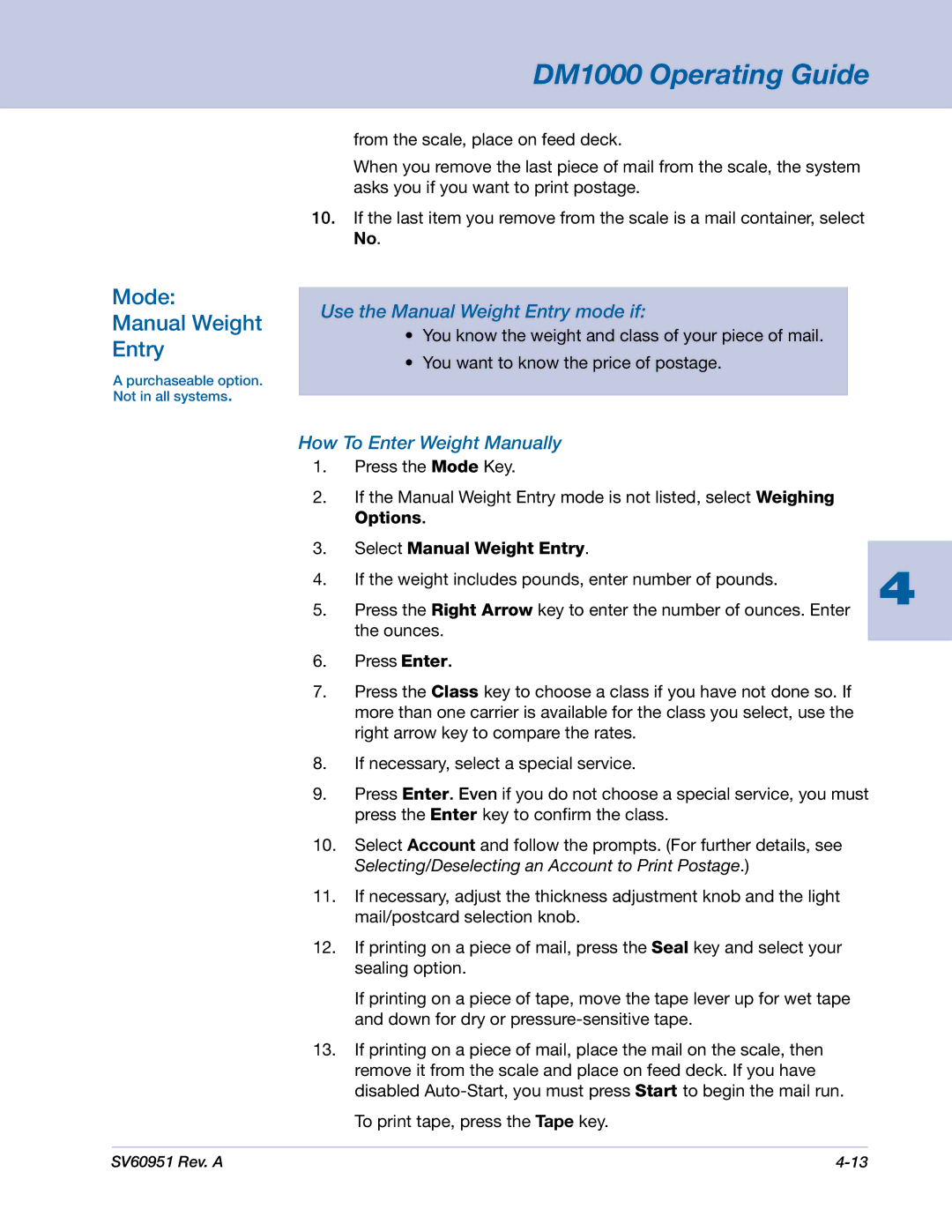 Pitney Bowes DM1000 manual Mode Manual Weight Entry, Use the Manual Weight Entry mode if, How To Enter Weight Manually 