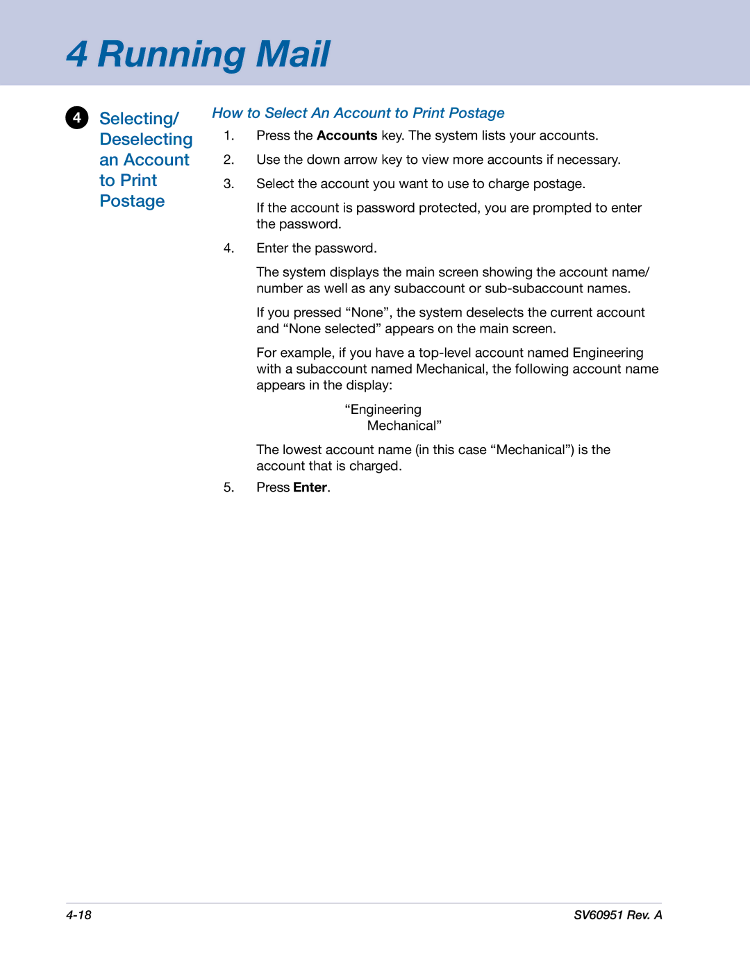 Pitney Bowes DM1000 manual Selecting/ Deselecting an Account to Print Postage, How to Select An Account to Print Postage 