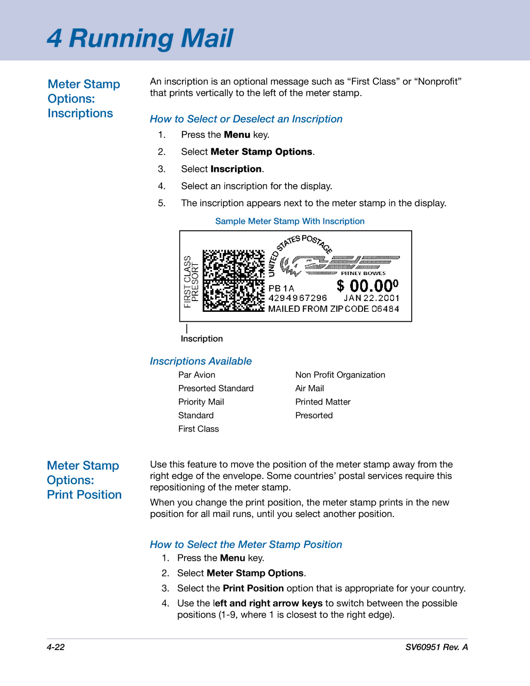 Pitney Bowes DM1000 manual Meter Stamp Options Inscriptions, Meter Stamp Options Print Position, Inscriptions Available 