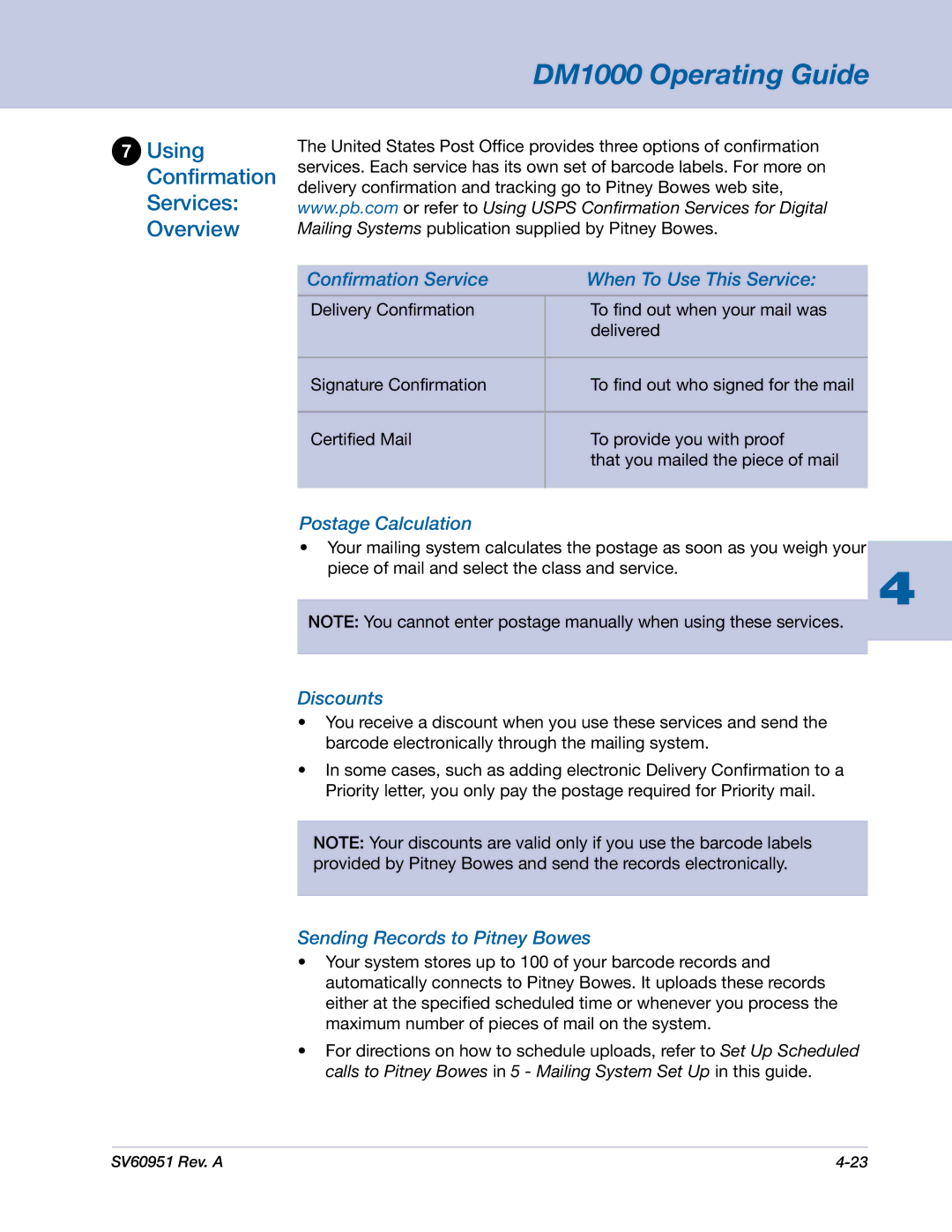 Pitney Bowes DM1000 manual Using Confirmation Services Overview, Confirmation Service When To Use This Service, Discounts 