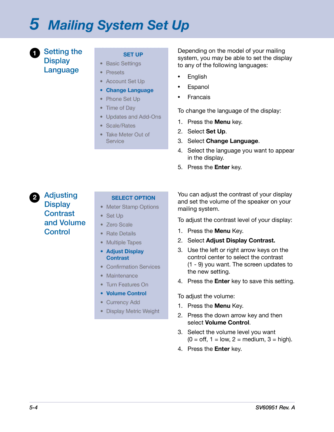 Pitney Bowes DM1000 Setting the Display Language, Adjusting Display Contrast and Volume Control, Select Change Language 