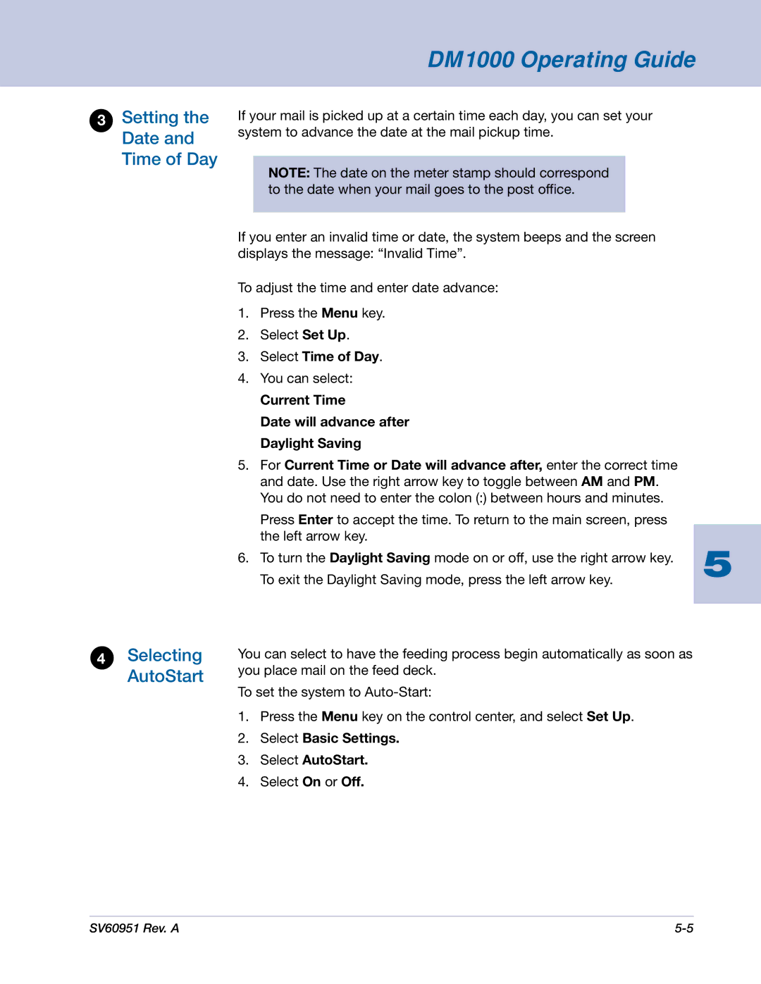 Pitney Bowes DM1000 manual Setting the Date and Time of Day Selecting AutoStart, Select Time of Day 