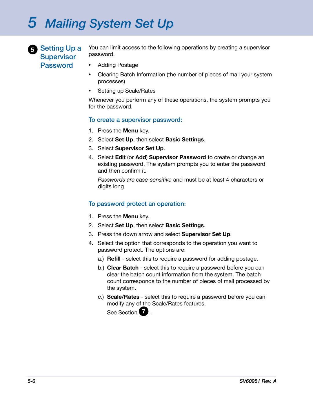 Pitney Bowes DM1000 Setting Up a Supervisor Password, To create a supervisor password, To password protect an operation 