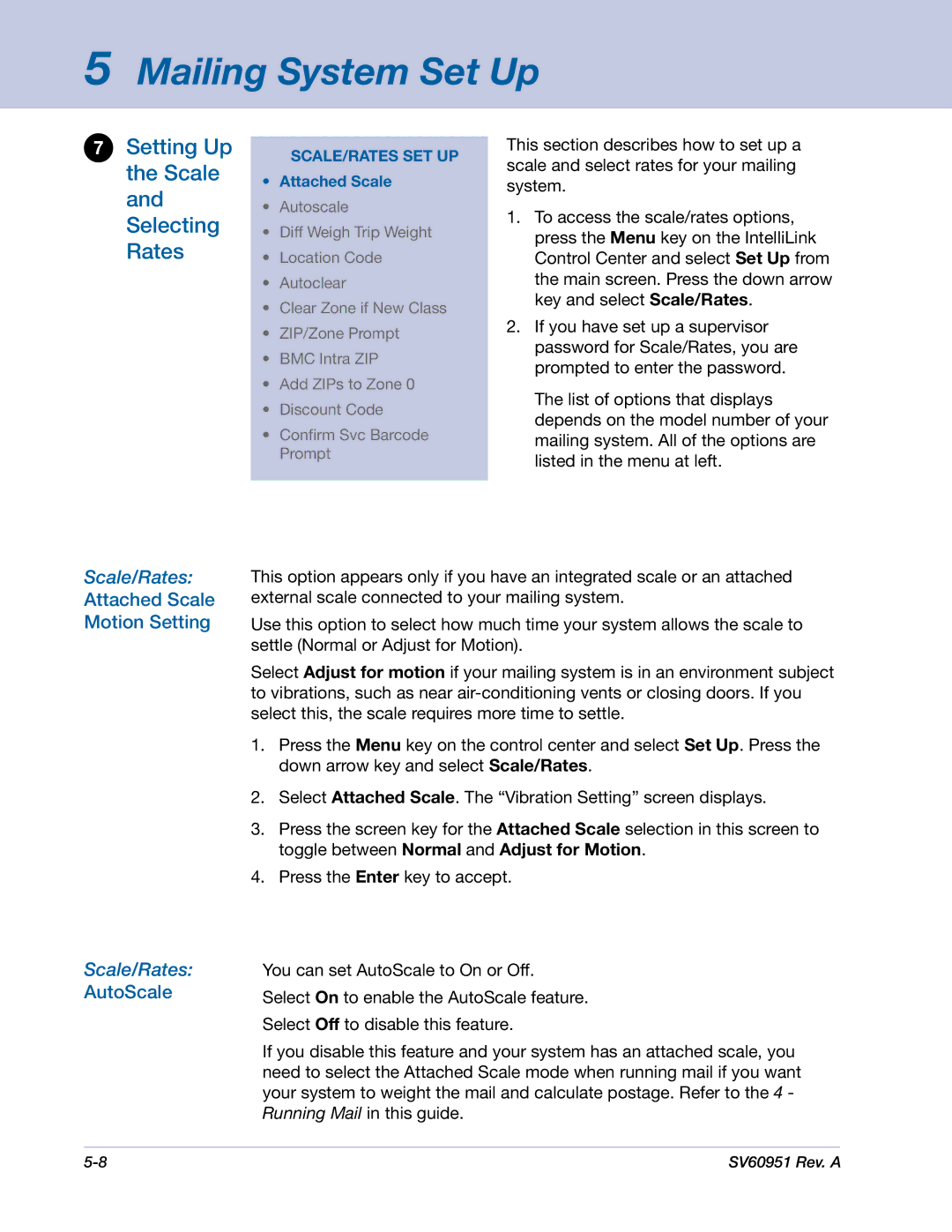 Pitney Bowes DM1000 manual Setting Up the Scale and Selecting Rates, Scale/Rates, Attached Scale Motion Setting, AutoScale 