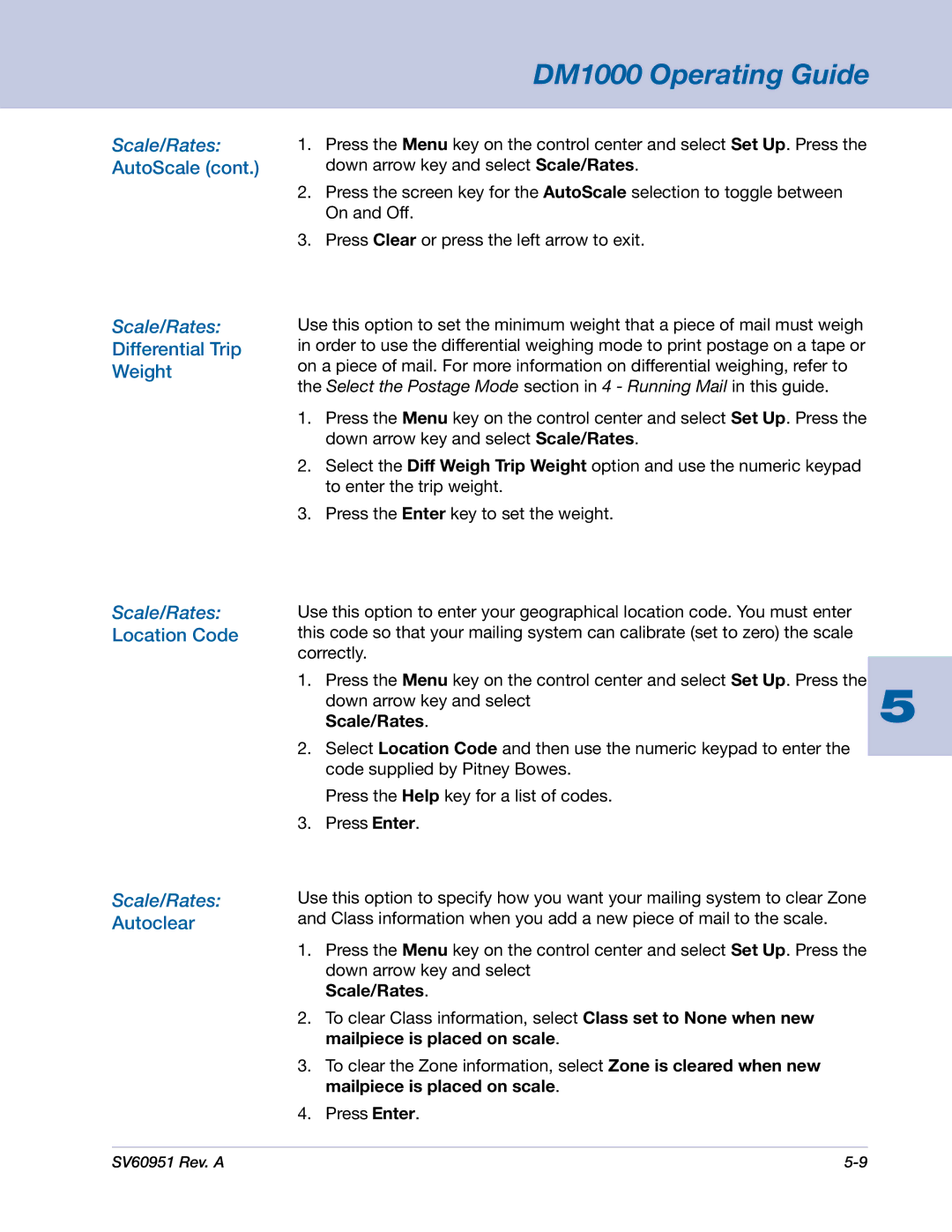 Pitney Bowes DM1000 manual Differential Trip Weight, Location Code, Autoclear, Scale/Rates 