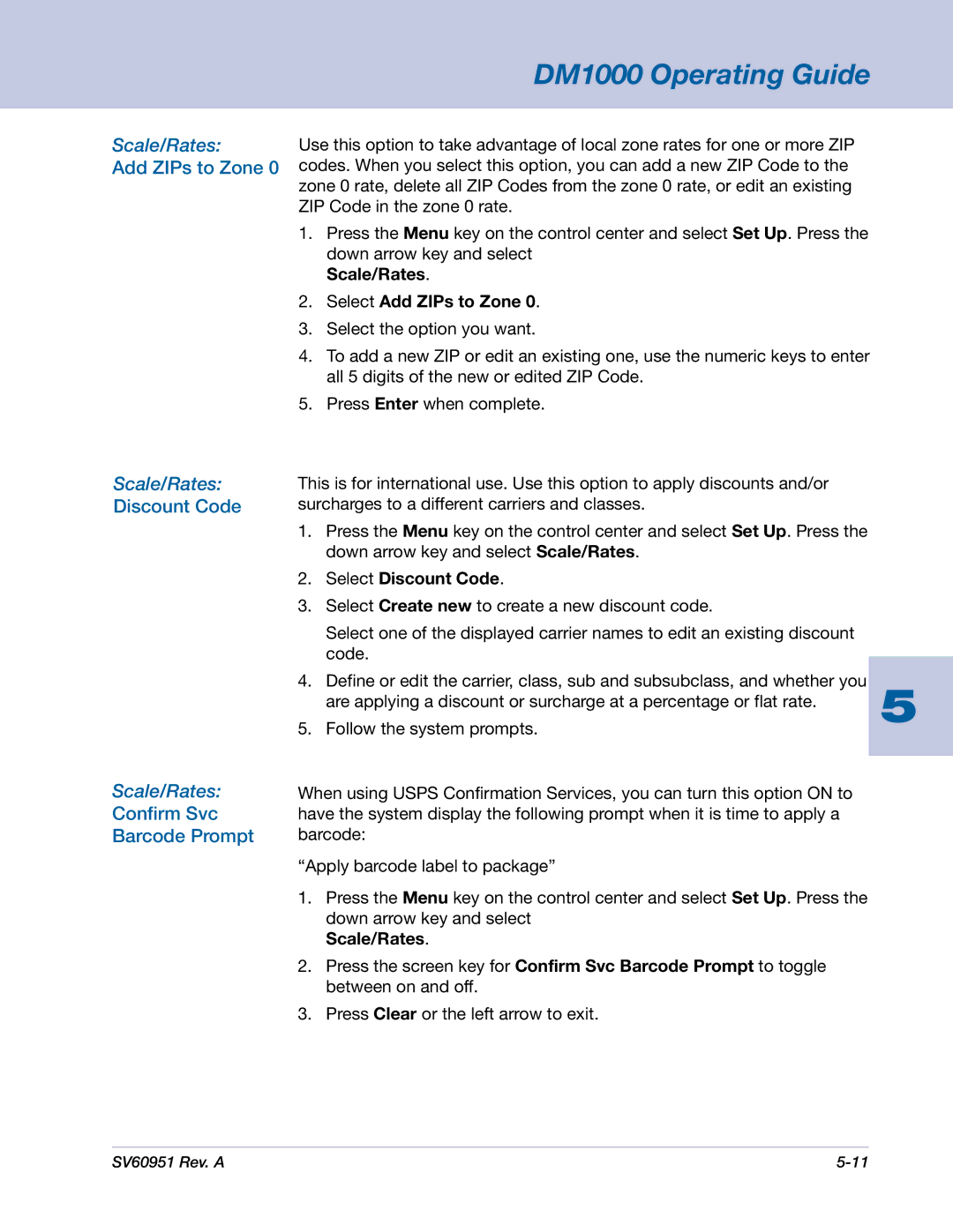 Pitney Bowes DM1000 manual Discount Code, Confirm Svc Barcode Prompt, Scale/Rates Select Add ZIPs to Zone 