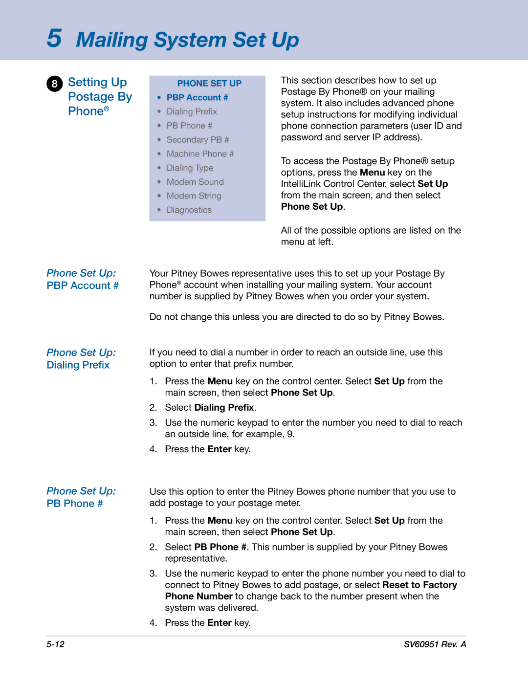 Pitney Bowes DM1000 manual Setting Up, Postage By, Phone Set Up 