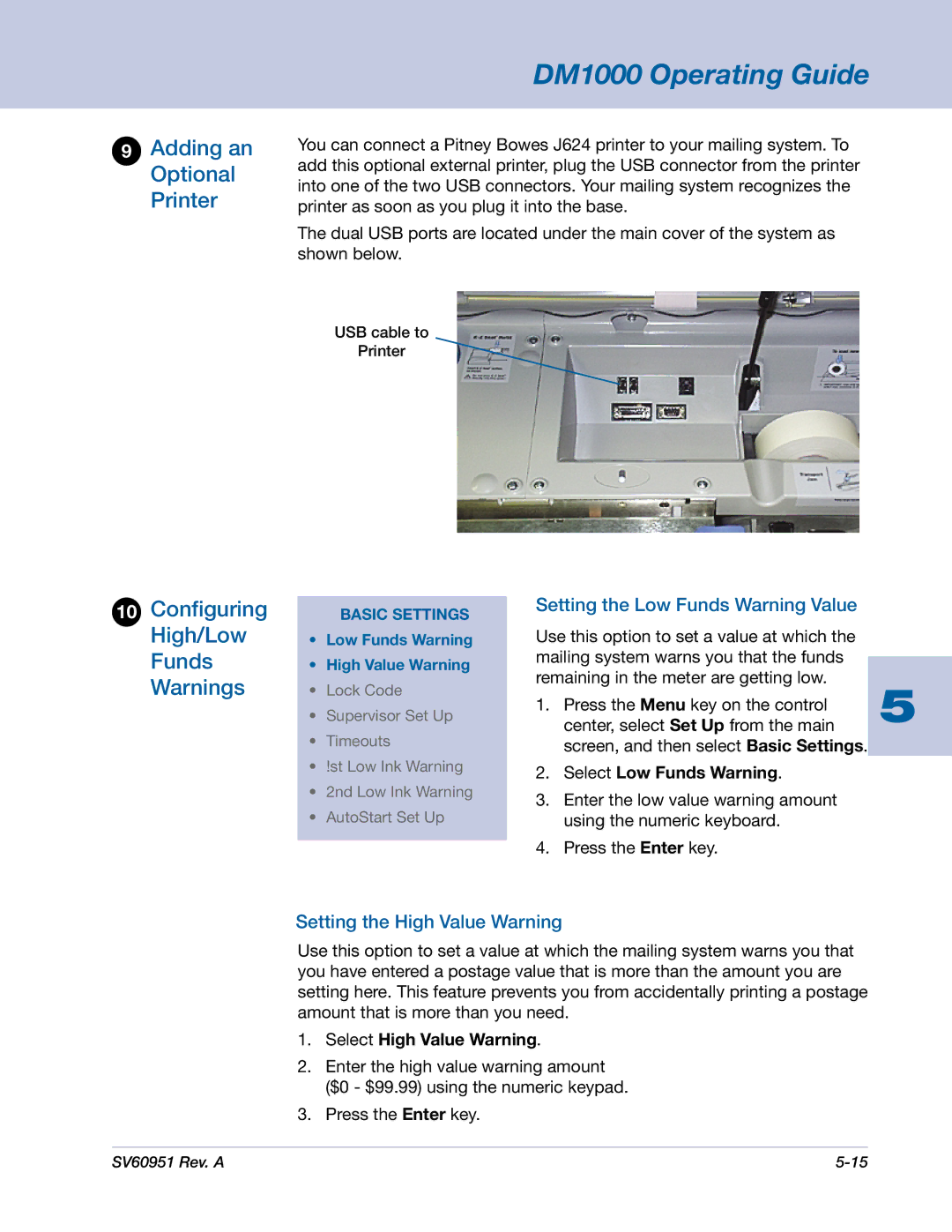 Pitney Bowes DM1000 Adding an Optional Printer, Configuring High/Low Funds Warnings, Setting the Low Funds Warning Value 