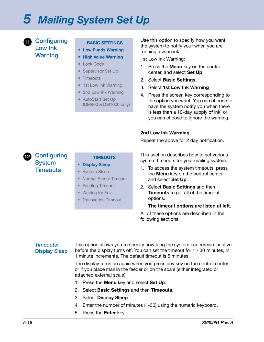 Pitney Bowes DM1000 manual Configuring Low Ink Warning Configuring System Timeouts, Display Sleep 