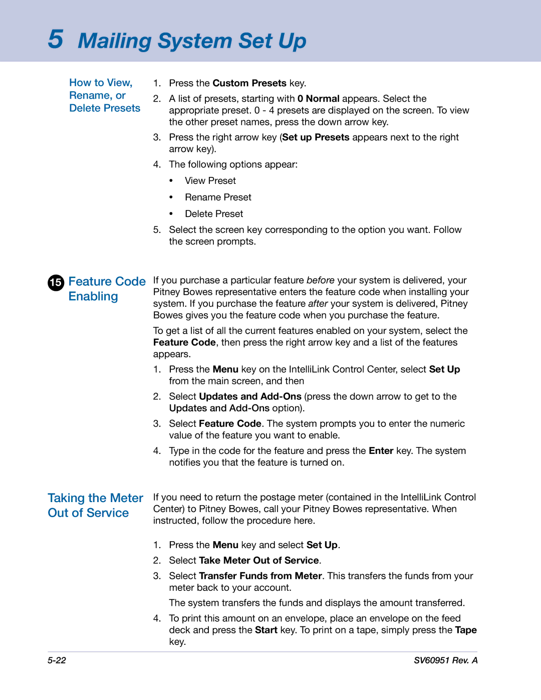 Pitney Bowes DM1000 manual Feature Code Enabling Taking the Meter Out of Service, How to View, Rename, or Delete Presets 