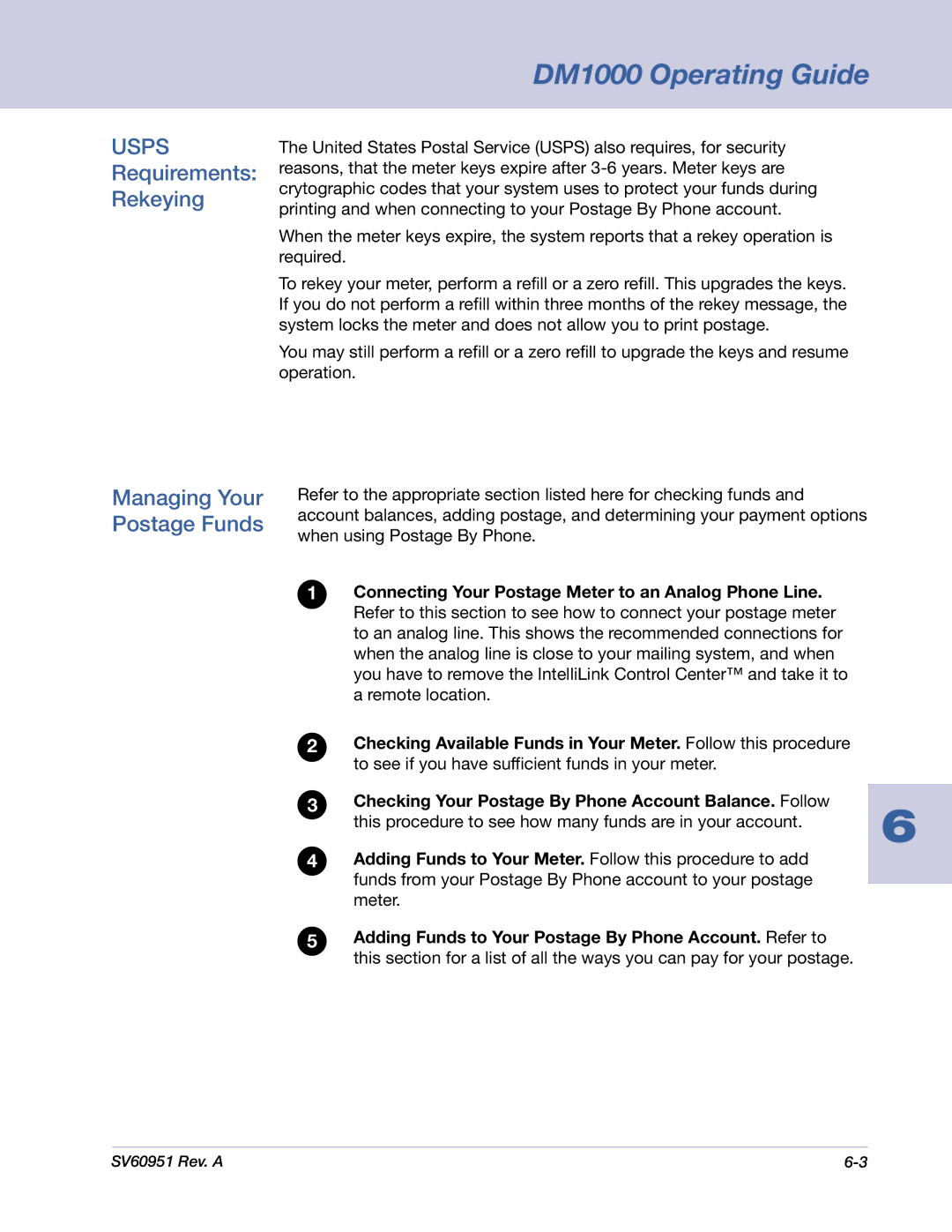 Pitney Bowes DM1000 manual Requirements Rekeying Managing Your Postage Funds 