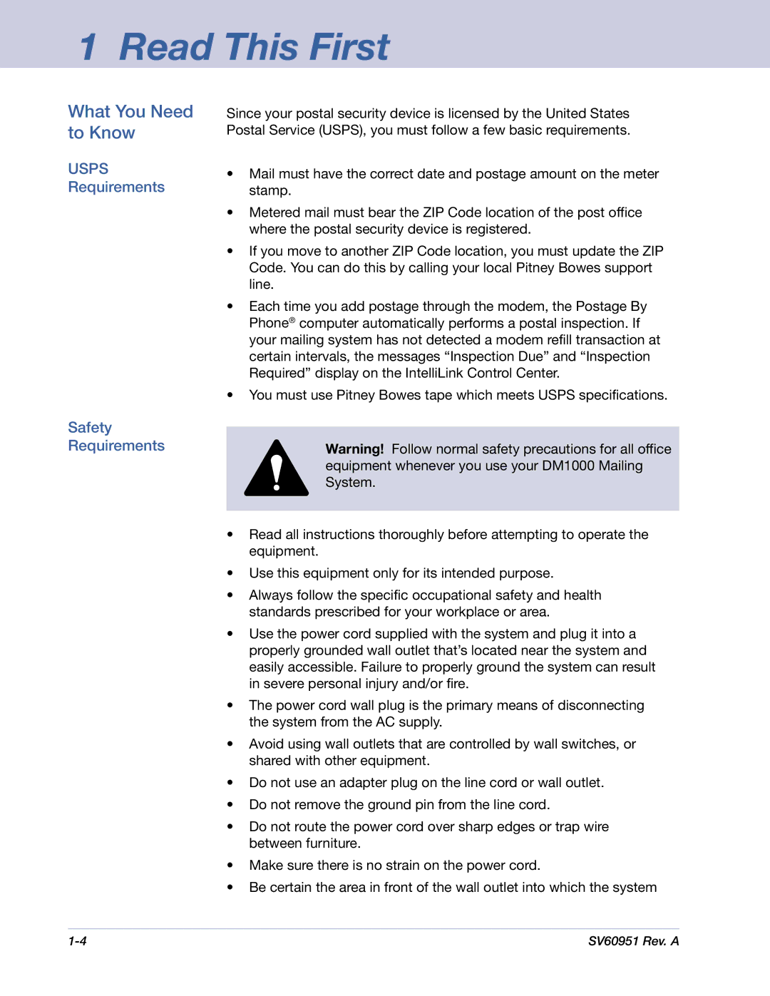 Pitney Bowes DM1000 manual What You Need to Know, Usps Requirements Safety Requirements 