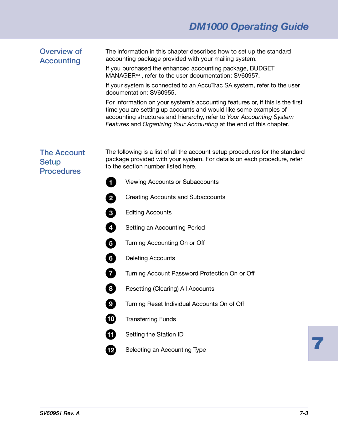 Pitney Bowes DM1000 manual Overview of Accounting Setup Procedures 