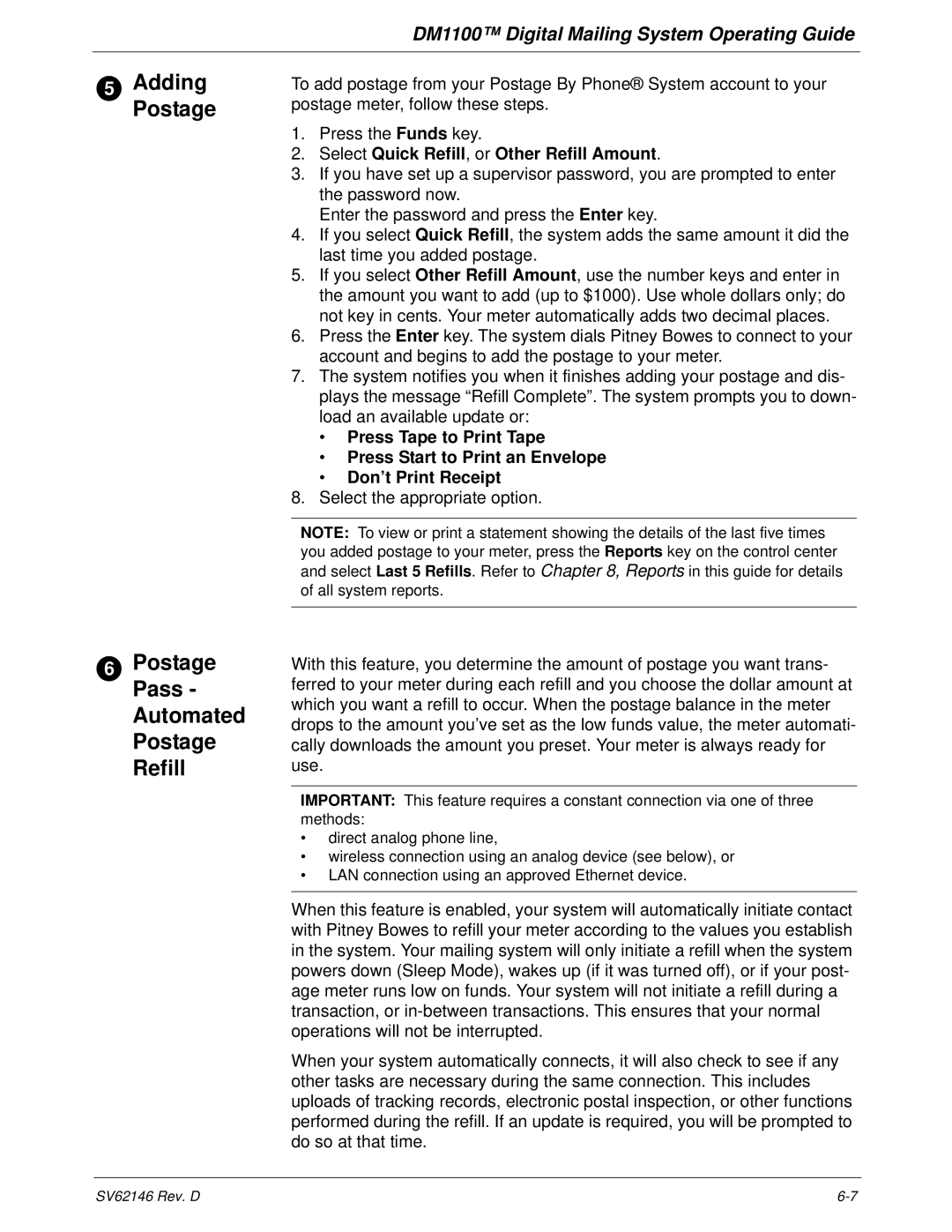 Pitney Bowes DM1100 manual Adding, Postage Pass Automated Postage Refill, Postage meter, follow these steps 