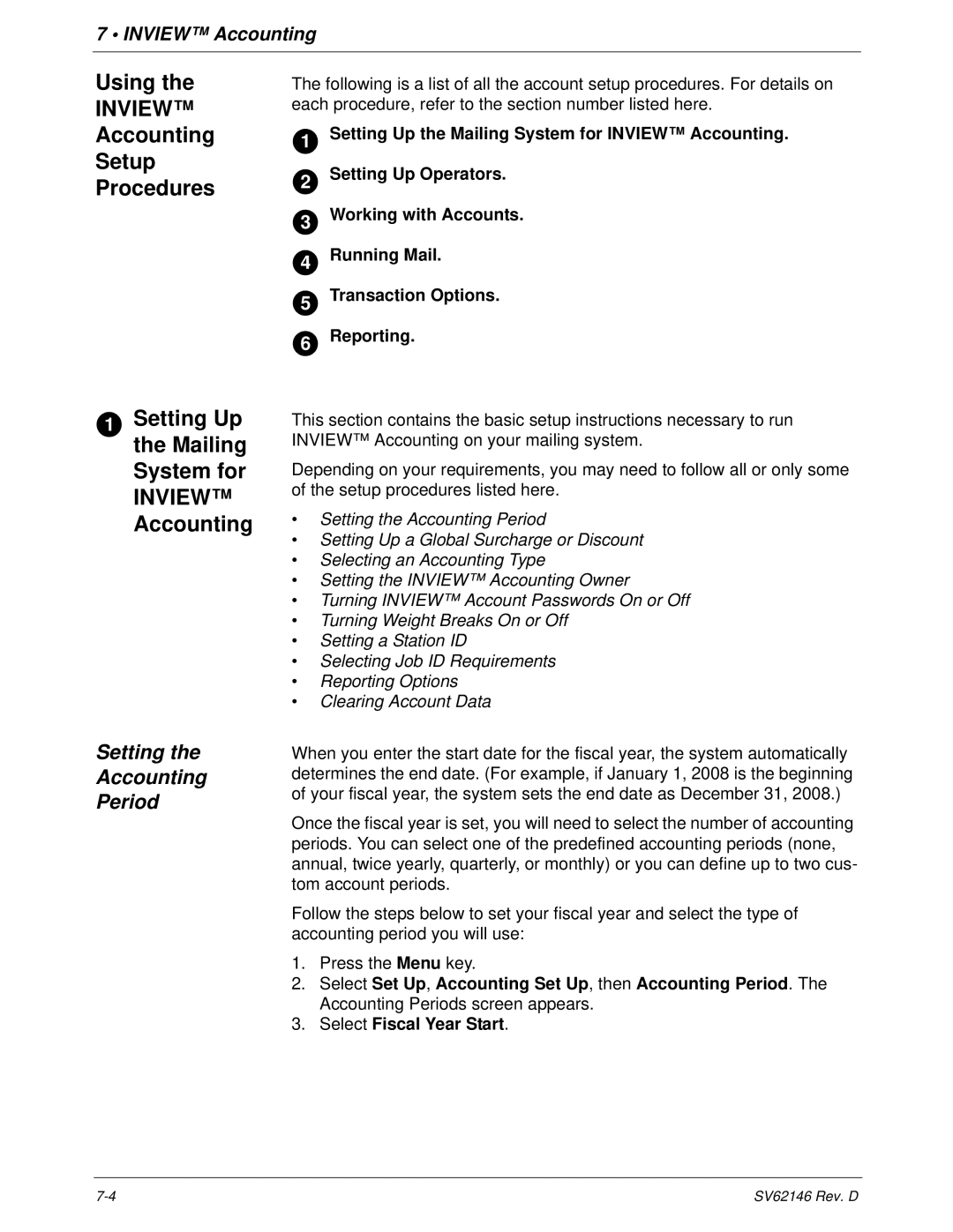 Pitney Bowes DM1100 manual Using, Accounting Setup Procedures, Setting Up the Mailing System for Inview Accounting 