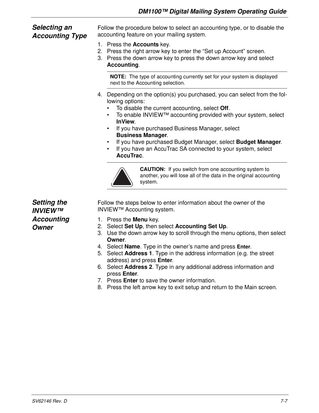 Pitney Bowes DM1100 Selecting an Accounting Type, Setting, Accounting Owner, Select Set Up, then select Accounting Set Up 