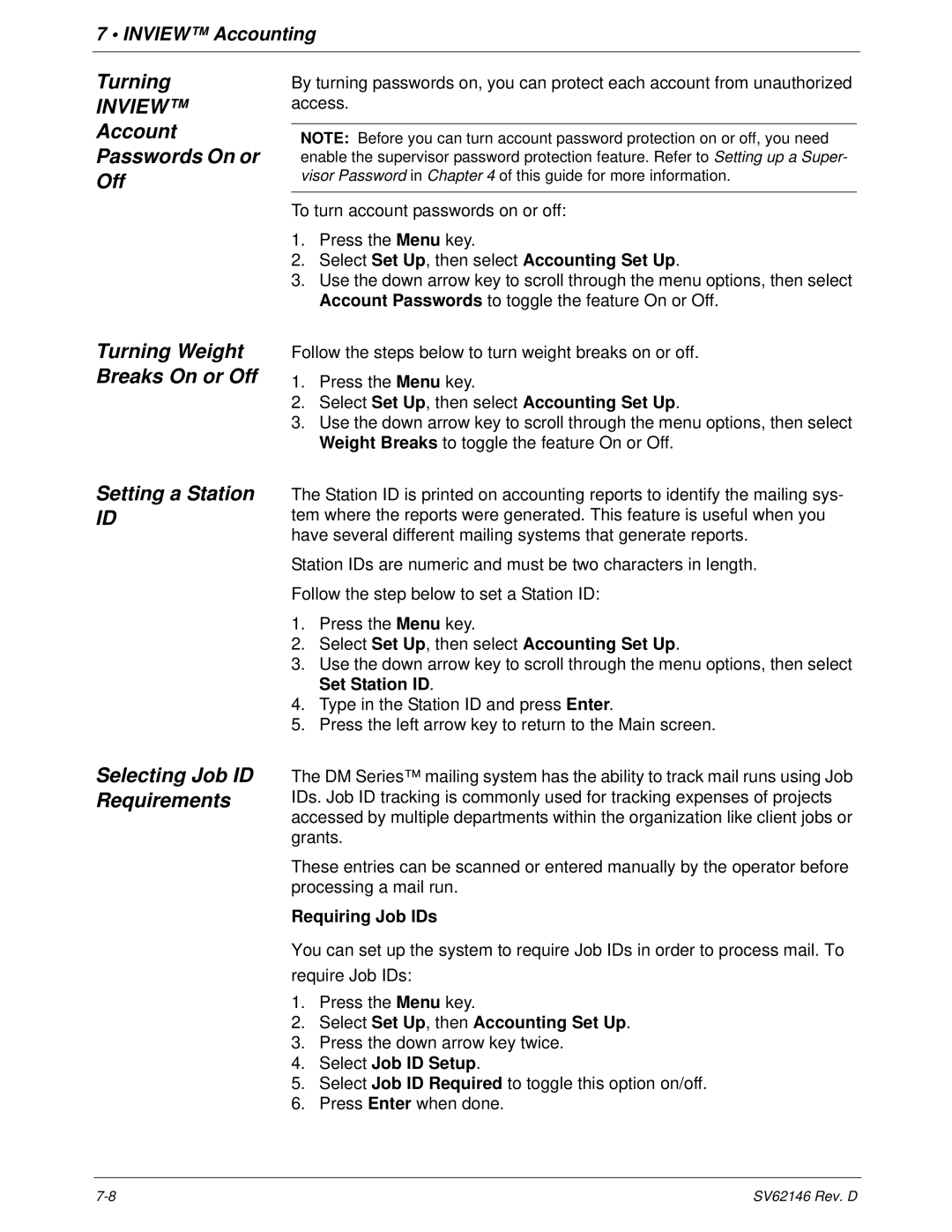 Pitney Bowes DM1100 manual Turning, Requiring Job IDs, Select Set Up, then Accounting Set Up, Select Job ID Setup 