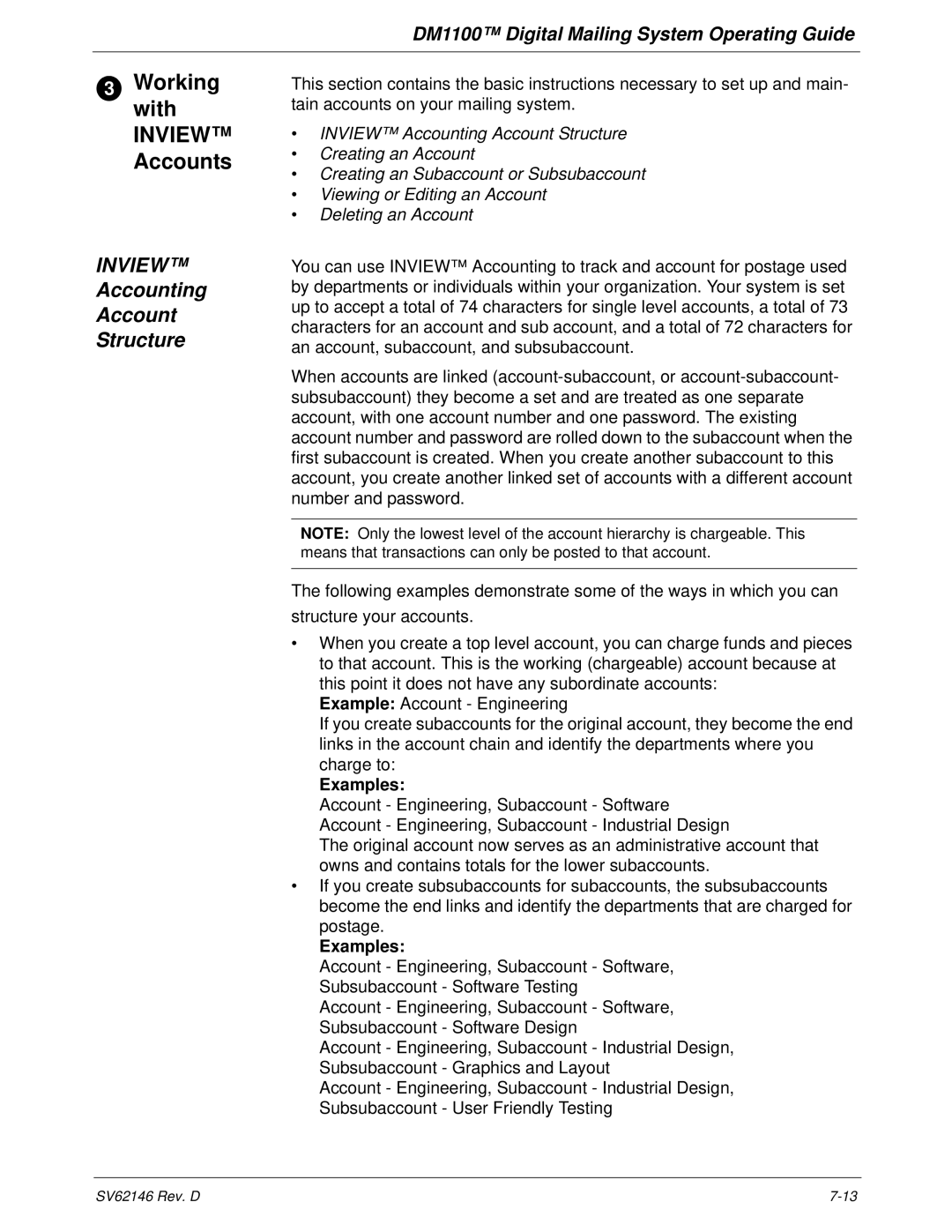 Pitney Bowes DM1100 manual Workingwith Inview Accounts, Accounting Structure, Examples 