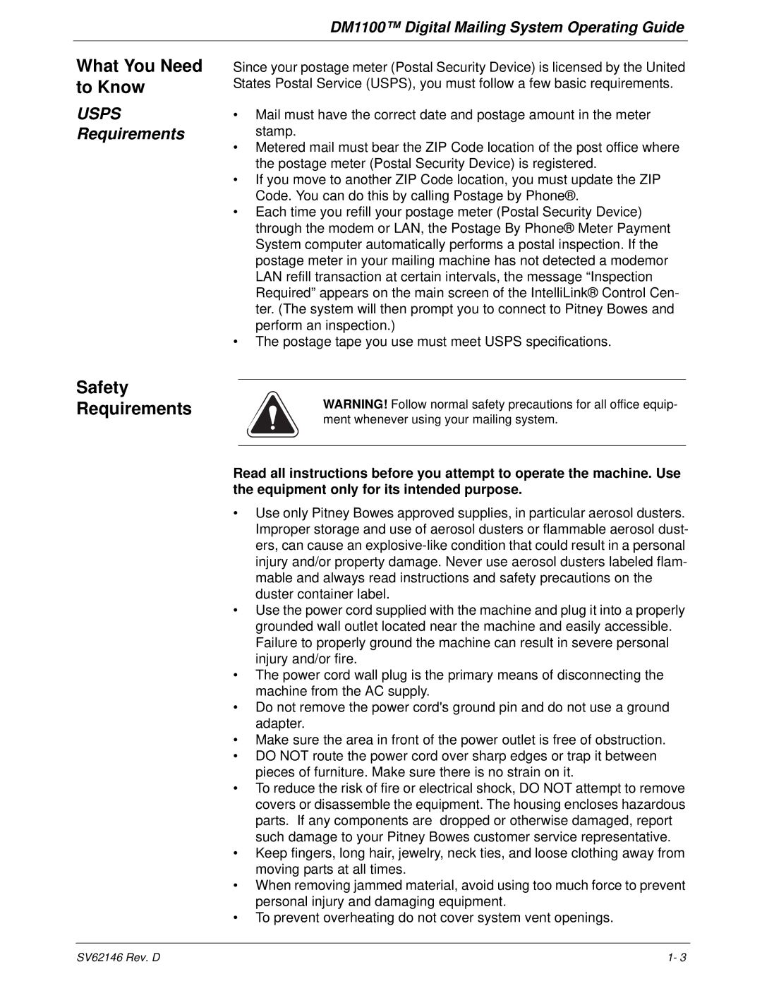 Pitney Bowes DM1100 manual What You Need to Know, Safety Requirements, Usps Requirements 