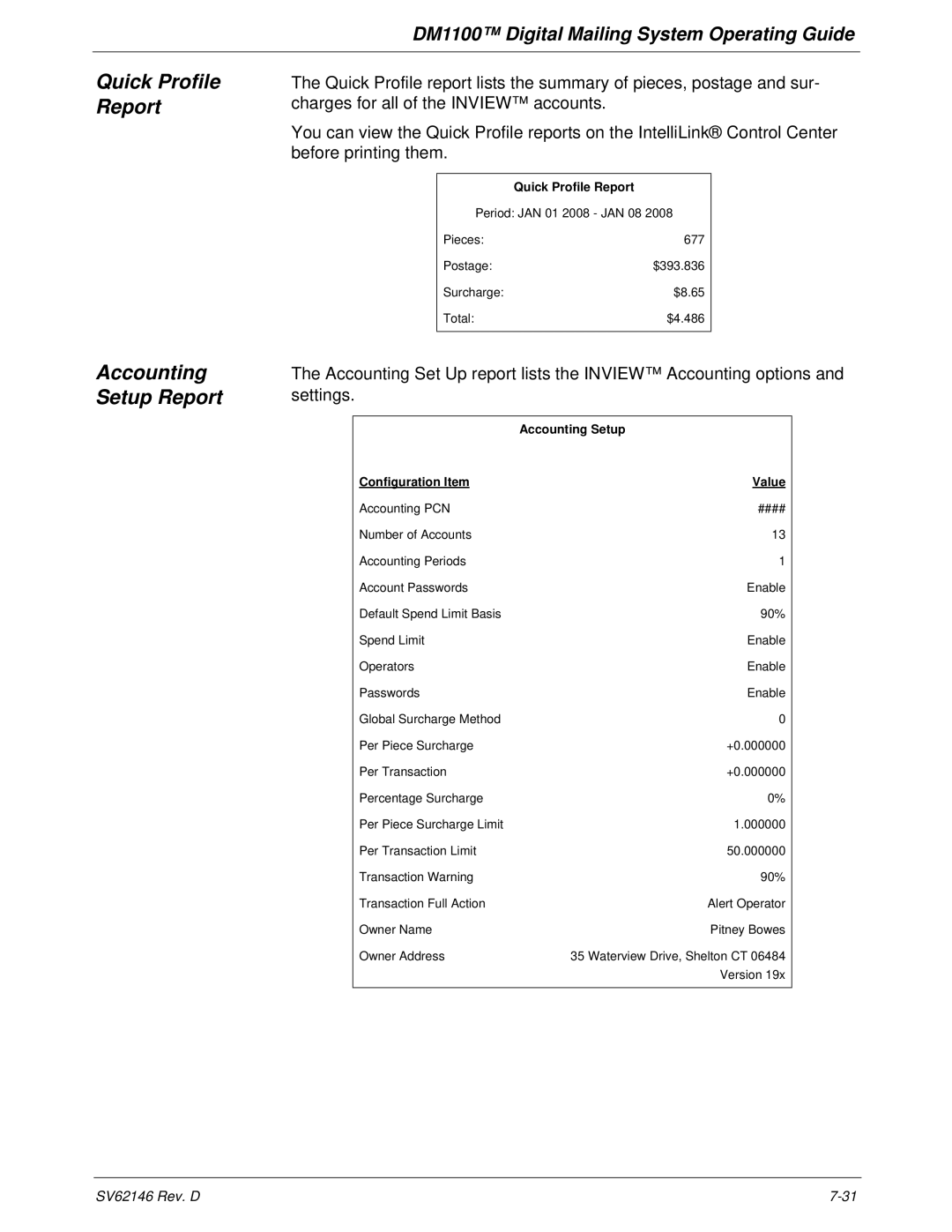 Pitney Bowes DM1100 manual Quick Profile Report Accounting Setup Report, Configuration Item Value 