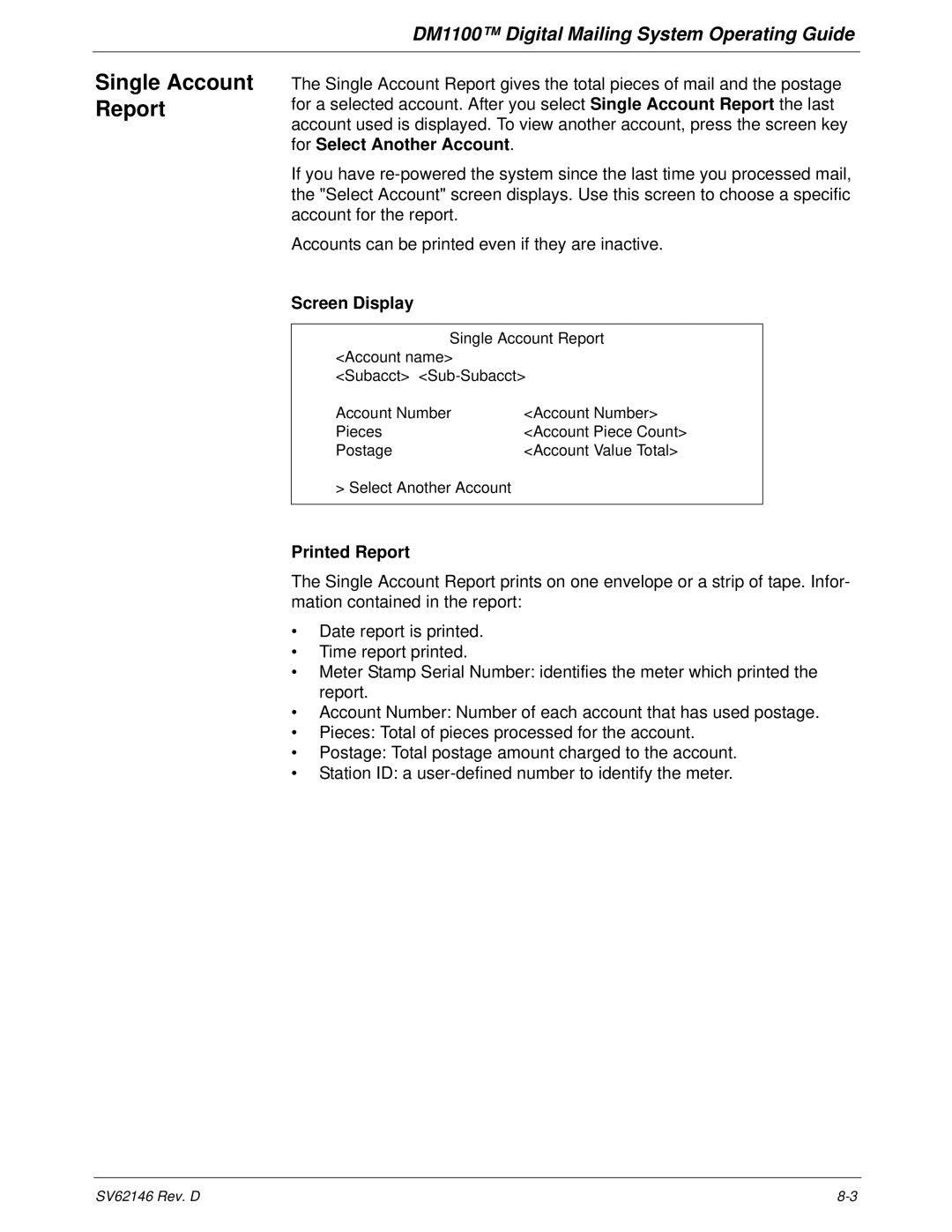 Pitney Bowes DM1100 manual Single Account Report, Screen Display, Printed Report 