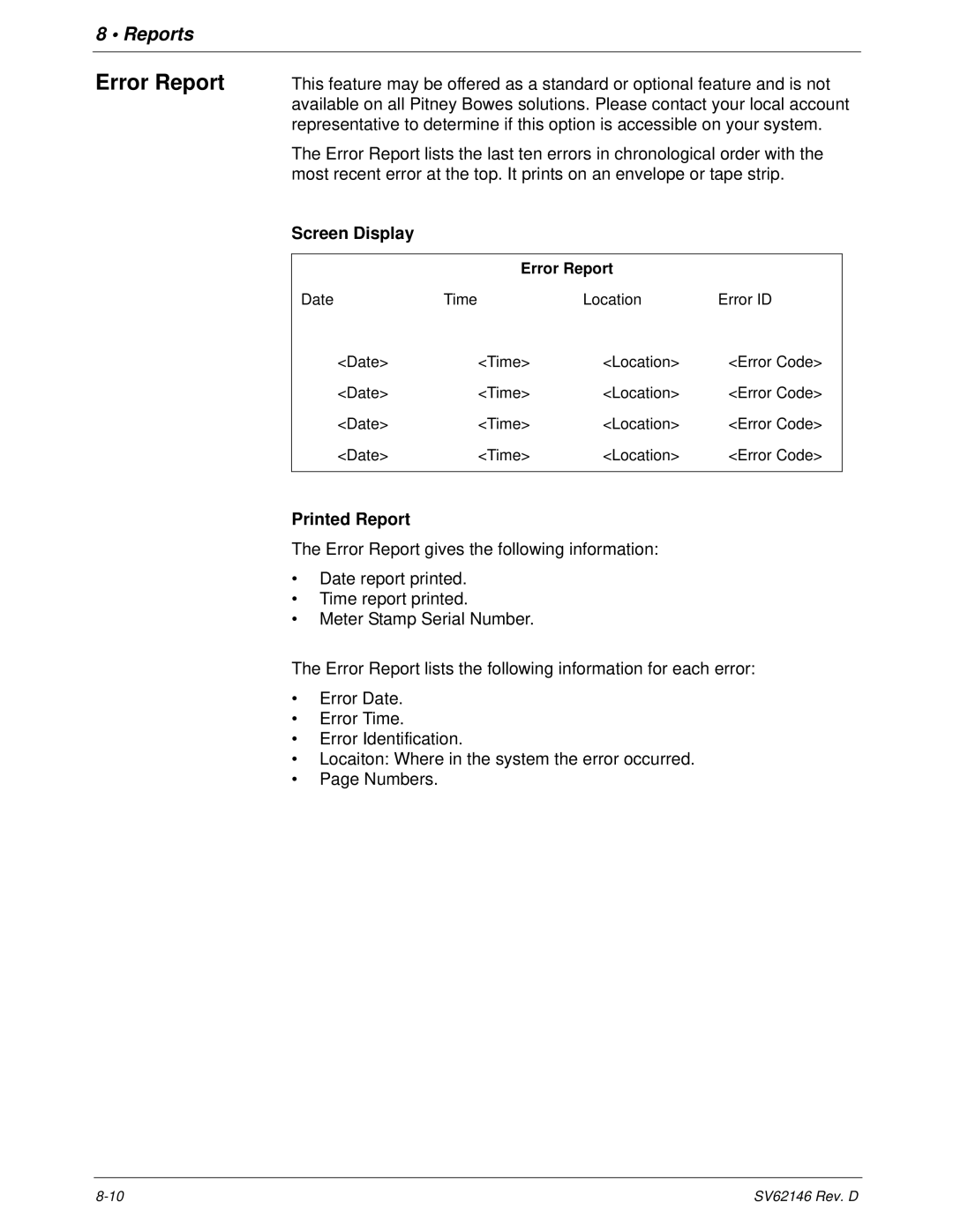 Pitney Bowes DM1100 manual Error Report 