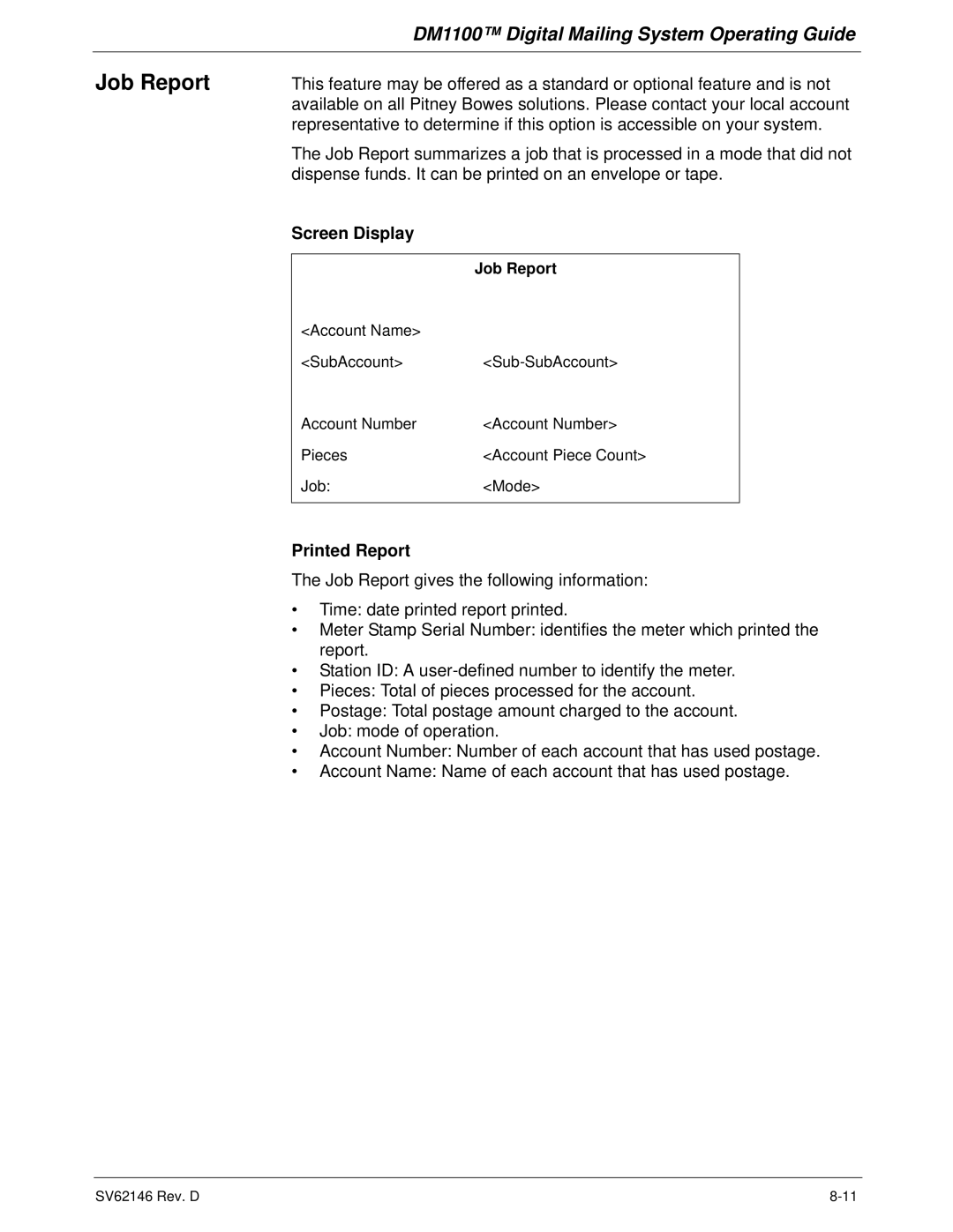 Pitney Bowes DM1100 manual Job Report 