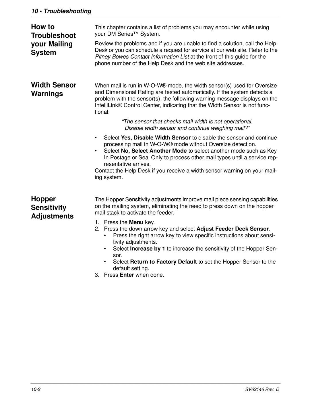 Pitney Bowes DM1100 manual Hopper Sensitivity Adjustments 