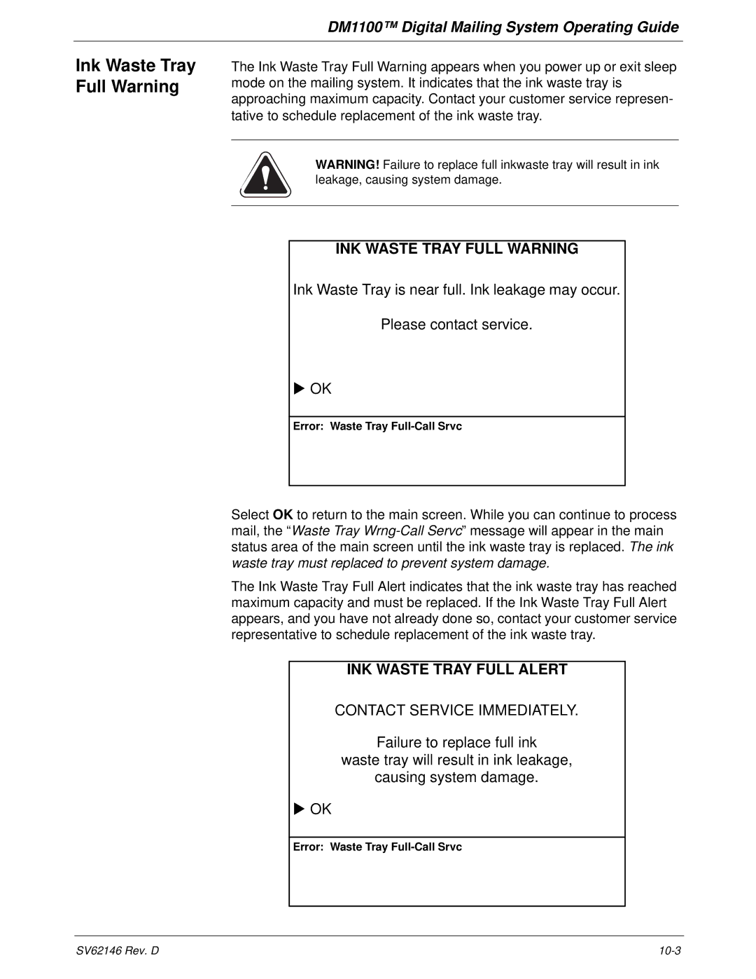 Pitney Bowes DM1100 manual Ink Waste Tray Full Warning, INK Waste Tray Full Warning 