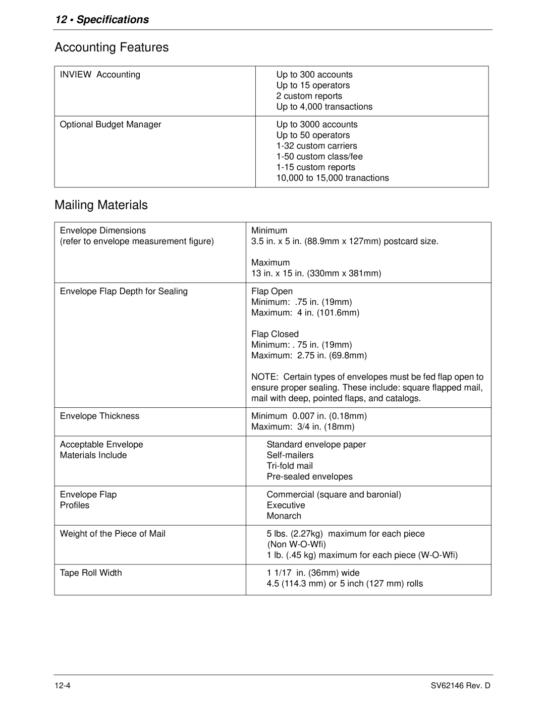 Pitney Bowes DM1100 manual Accounting Features, Mailing Materials 