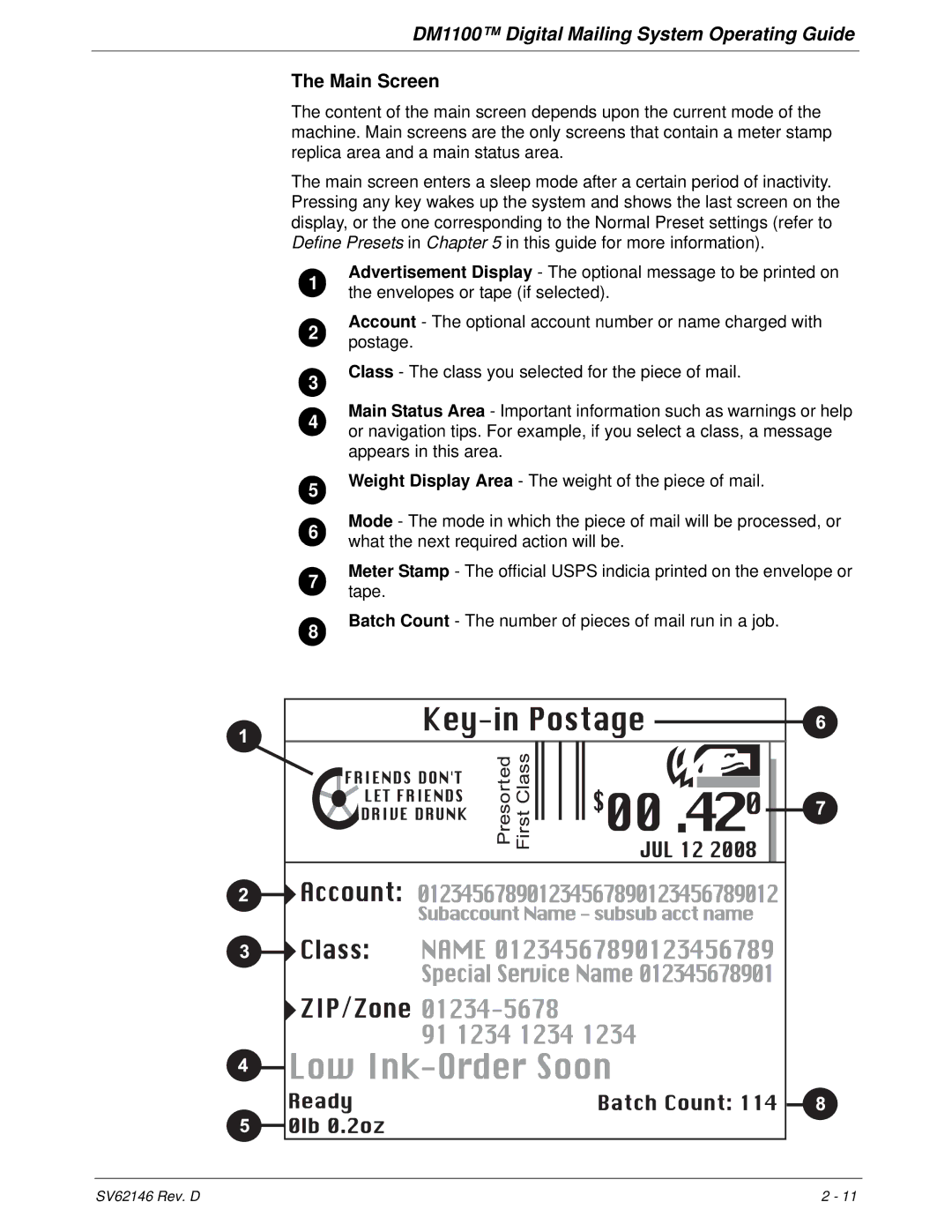 Pitney Bowes DM1100 manual Main Screen 