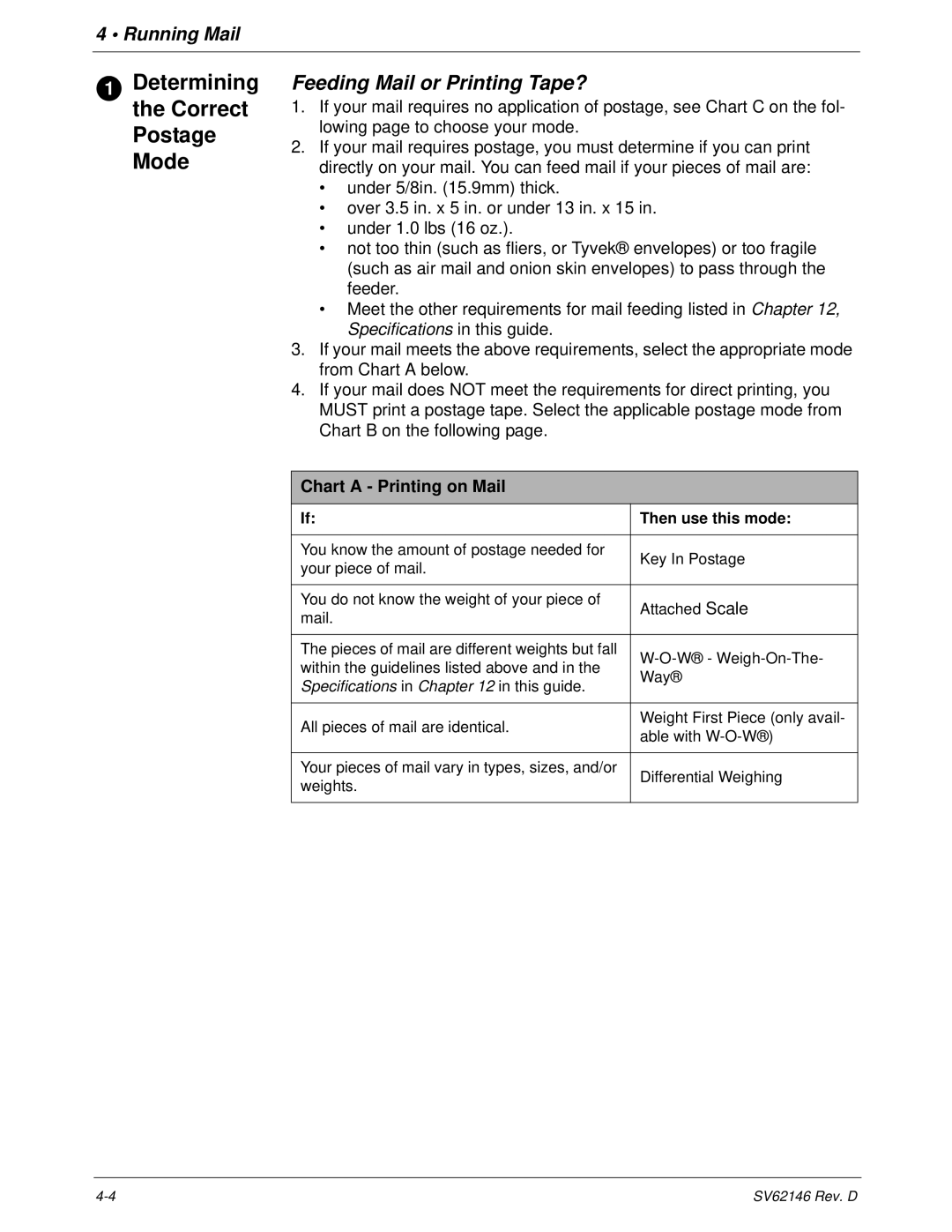 Pitney Bowes DM1100 manual Determining the Correct Postage Mode, Feeding Mail or Printing Tape?, Chart a Printing on Mail 