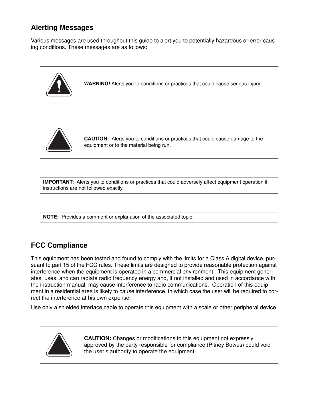 Pitney Bowes DM1100 manual Alerting Messages, FCC Compliance 