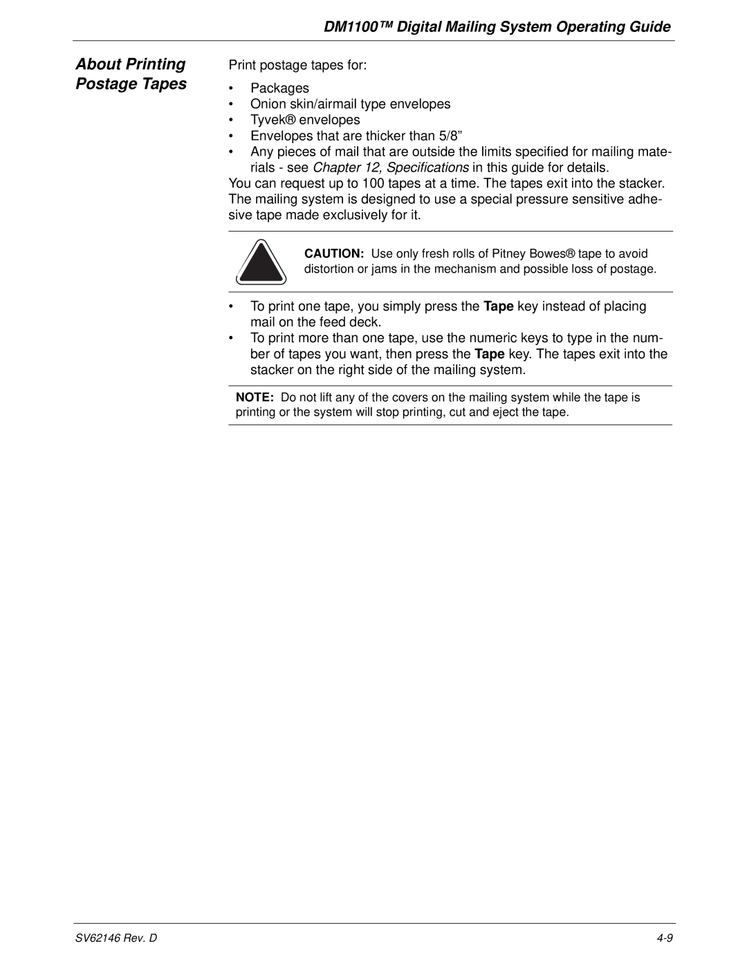 Pitney Bowes DM1100 manual About Printing Postage Tapes 