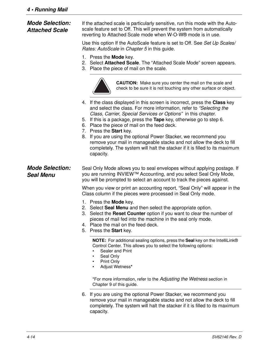 Pitney Bowes DM1100 manual Mode Selection Attached Scale Mode Selection Seal Menu 